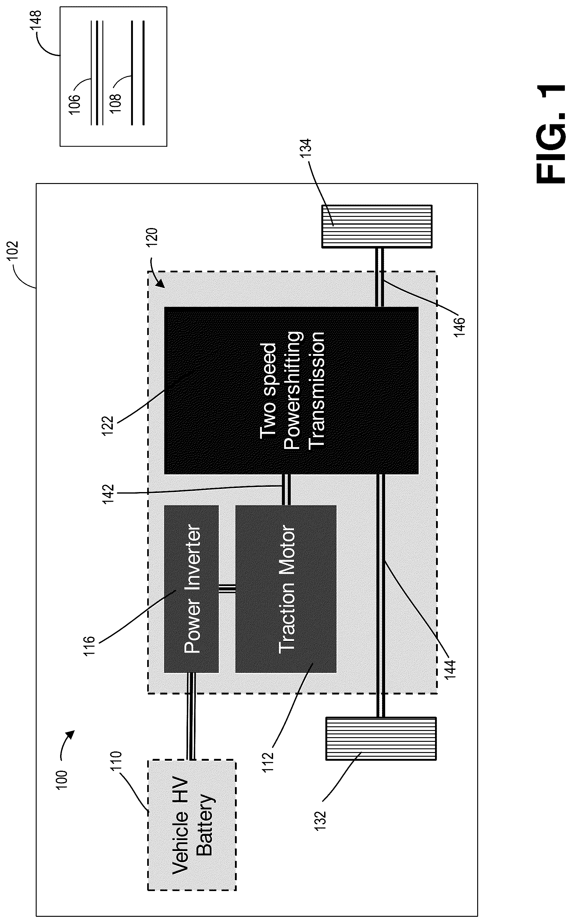 Patent US12305748 — Two speed automatic transmission with a friction and dynamically controllable one way clutch for power shifting in an electric vehicle — Figure 1