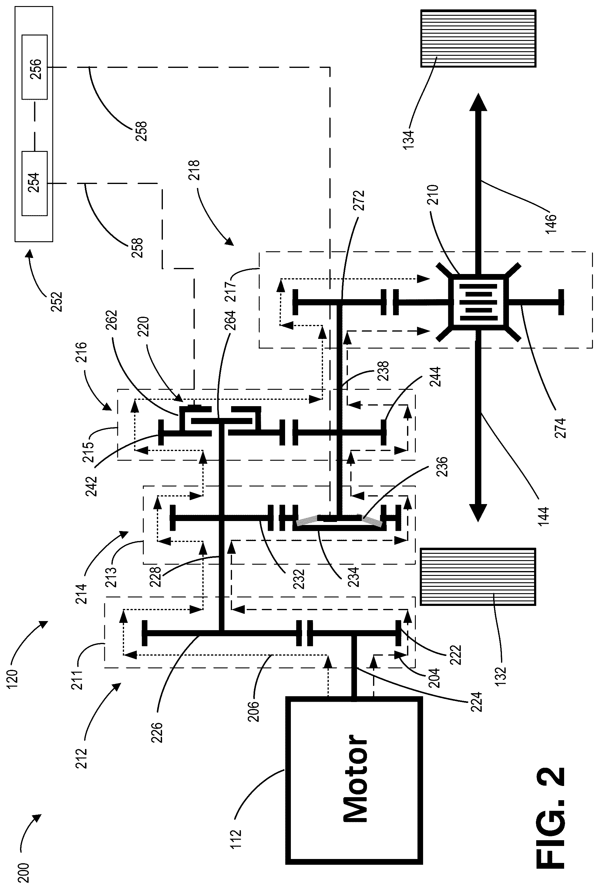 Patent US12305748 Figure 2 – Two speed automatic transmission with a friction and dynamically controllable one way clutch for power shifting in an electric vehicle