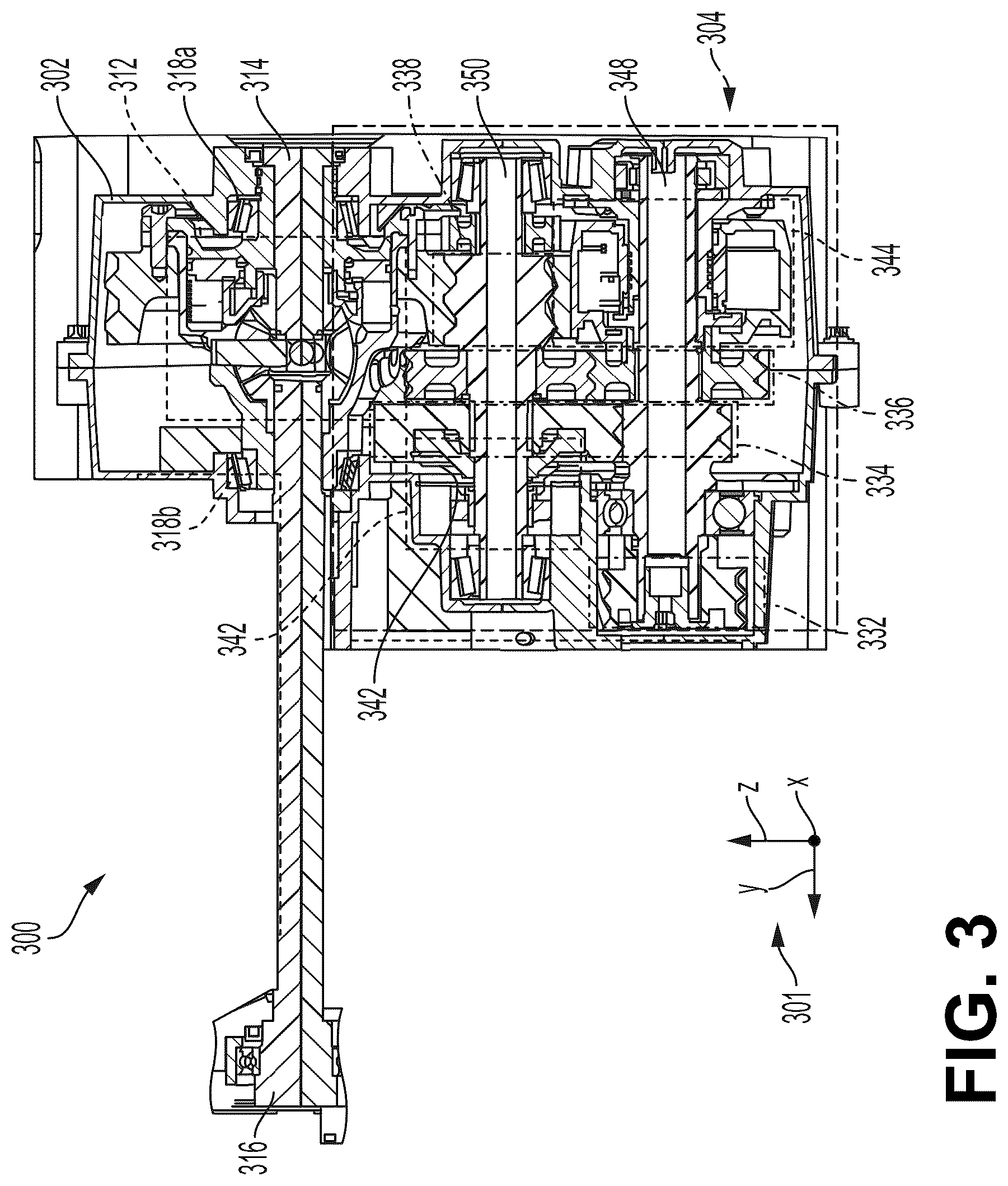 Patent US12305748 Figure 3 – Two speed automatic transmission with a friction and dynamically controllable one way clutch for power shifting in an electric vehicle