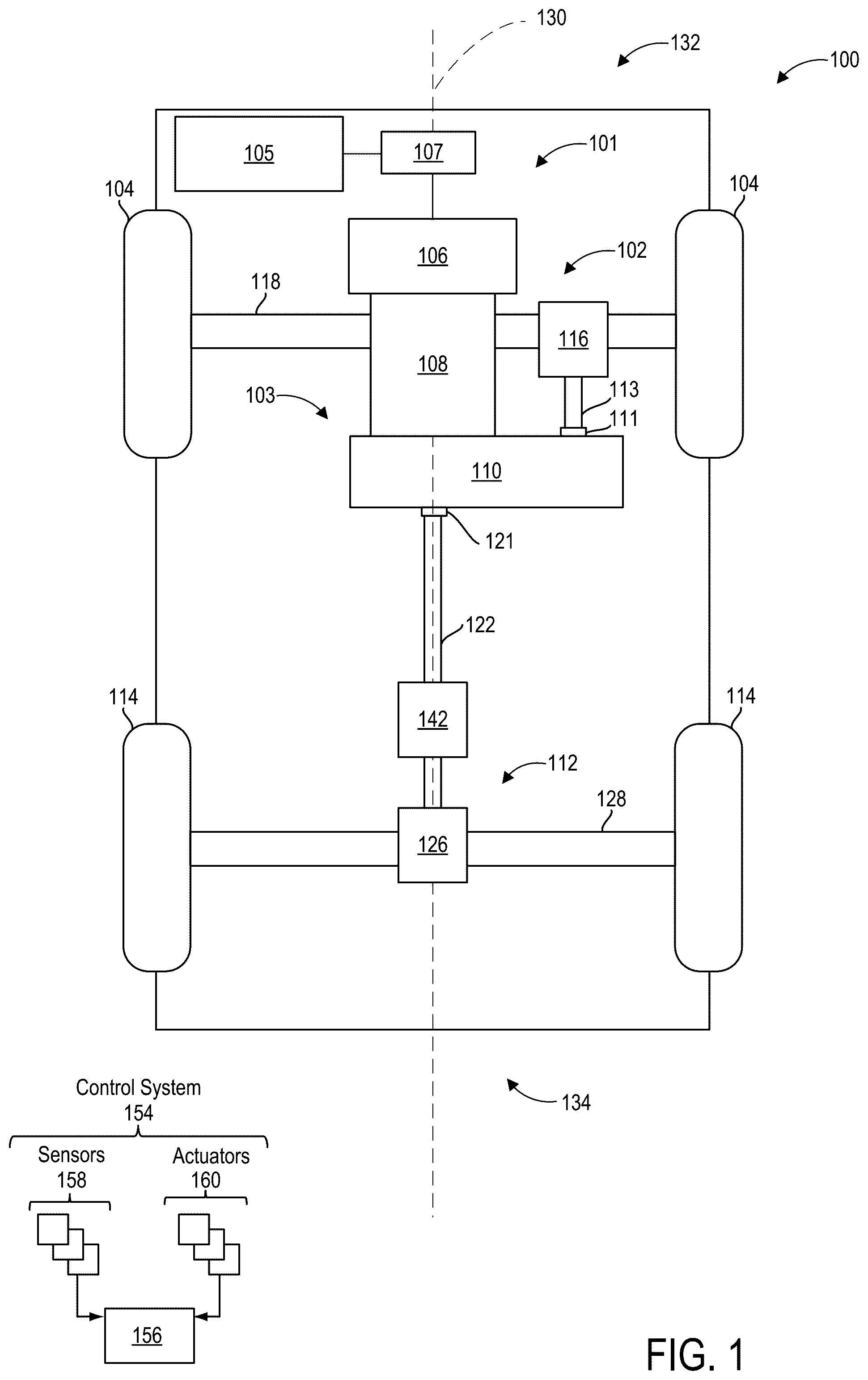 Patent US12305749 Figure 1 – Automatic backlash-compensation for a dog clutch in an electrified transmission