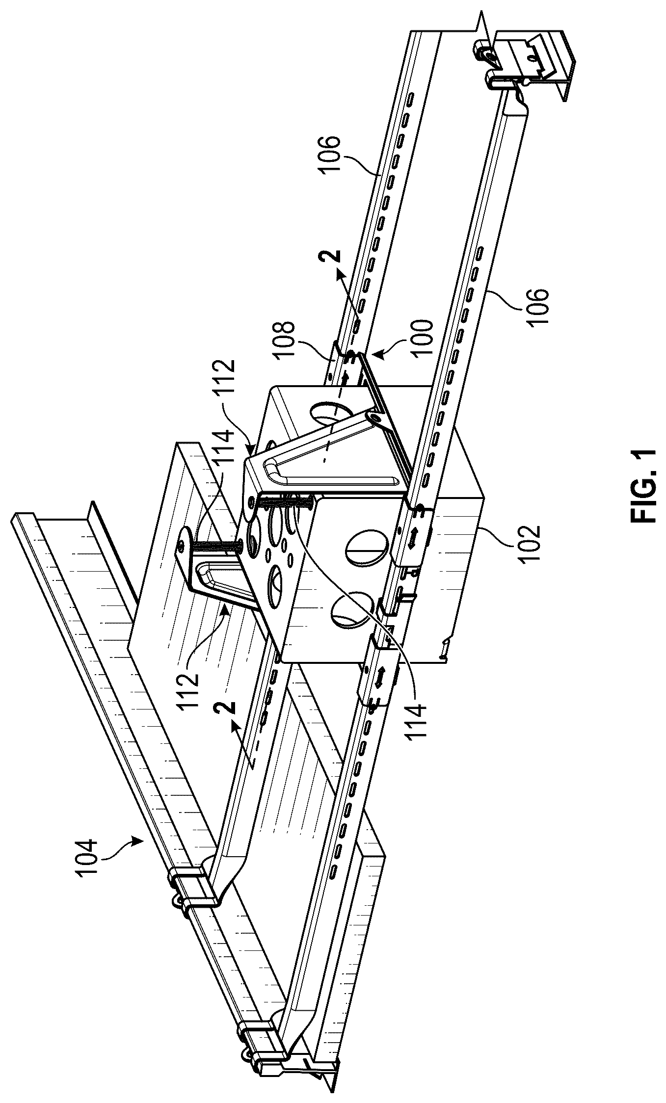Patent US12305802 Figure 1 – Bracket for adjustable-depth mounting of electrical boxes