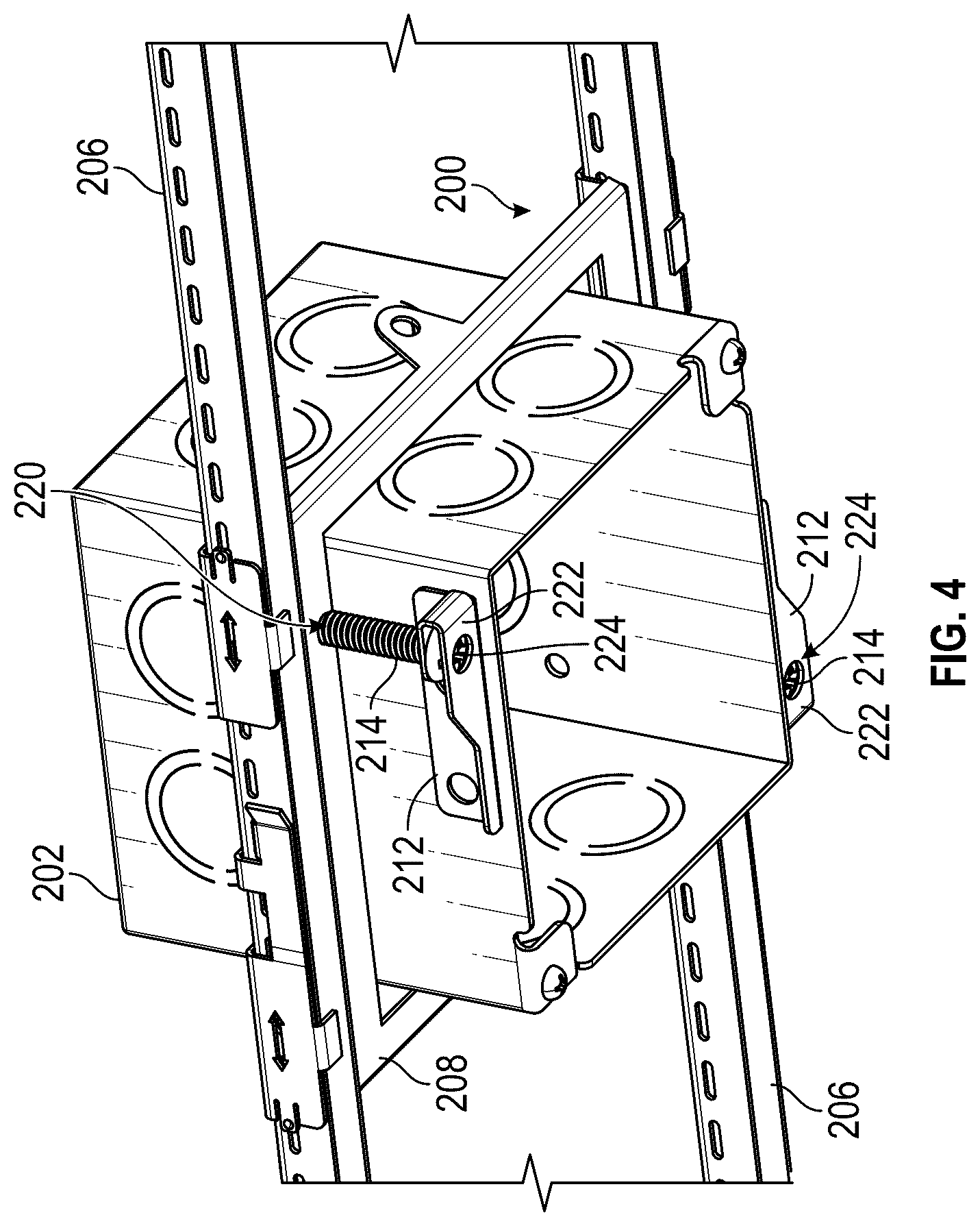 Patent US12305802 Figure 4 – Bracket for adjustable-depth mounting of electrical boxes