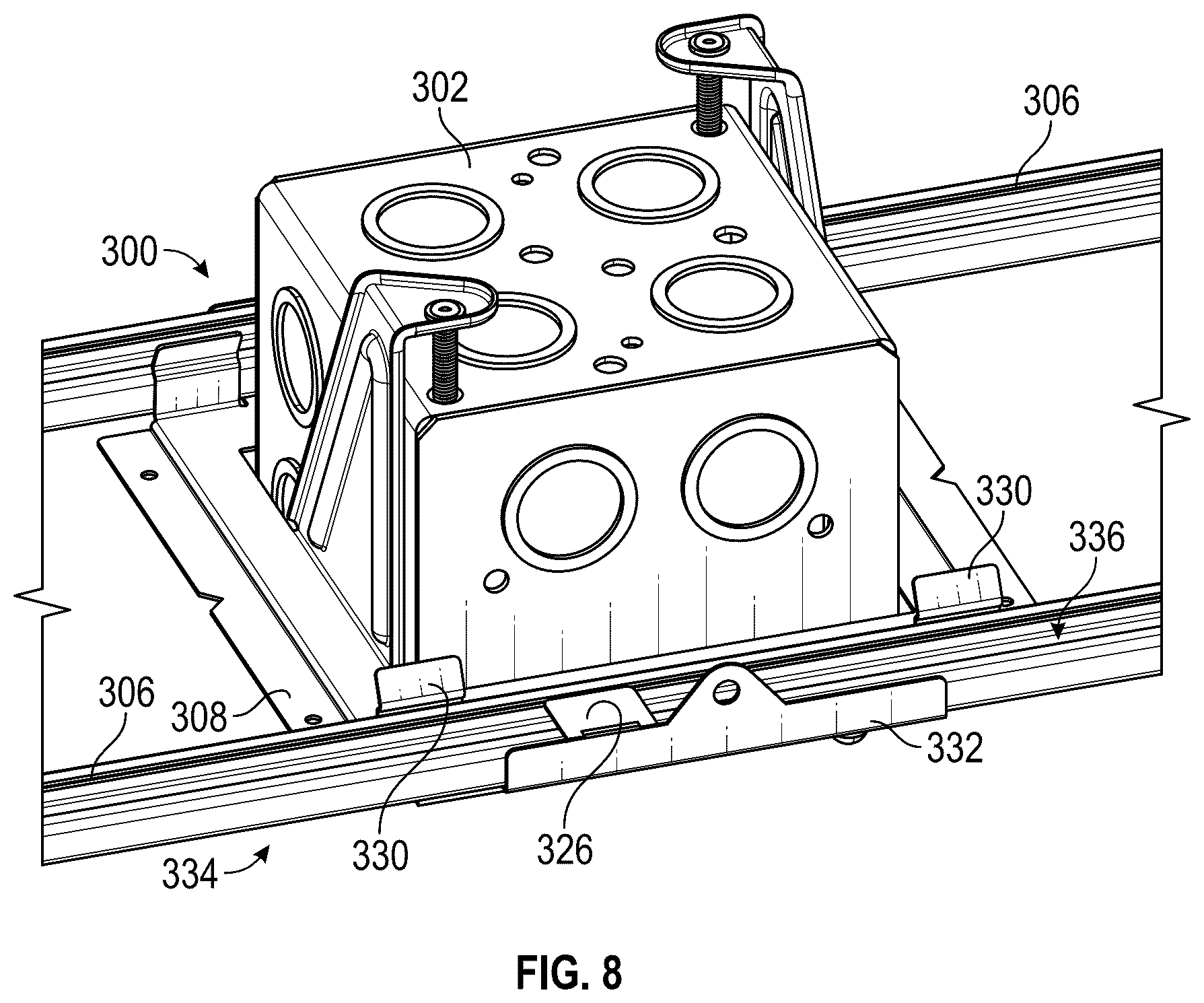 Patent US12305802 Figure 7 – Bracket for adjustable-depth mounting of electrical boxes