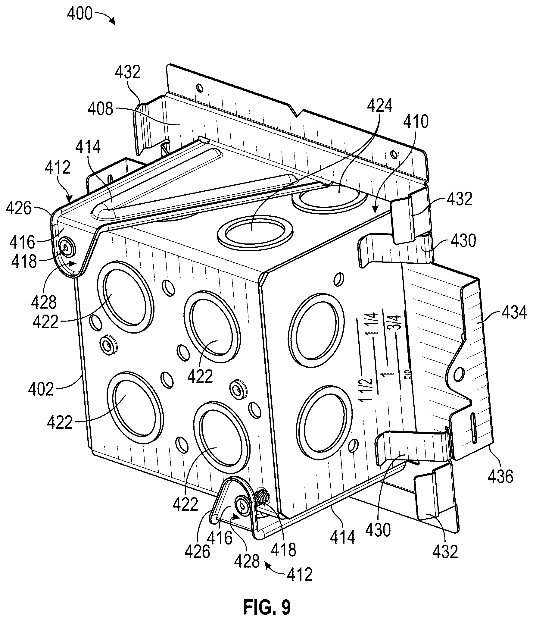 Patent US12305802 Figure 8 – Bracket for adjustable-depth mounting of electrical boxes