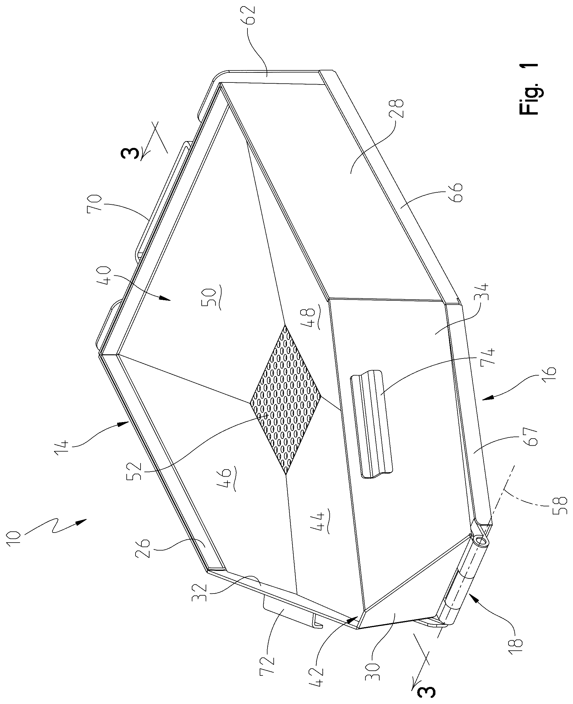 Patent US12305805 Figure 1 – Fluid drain pan with stowable pouring stand
