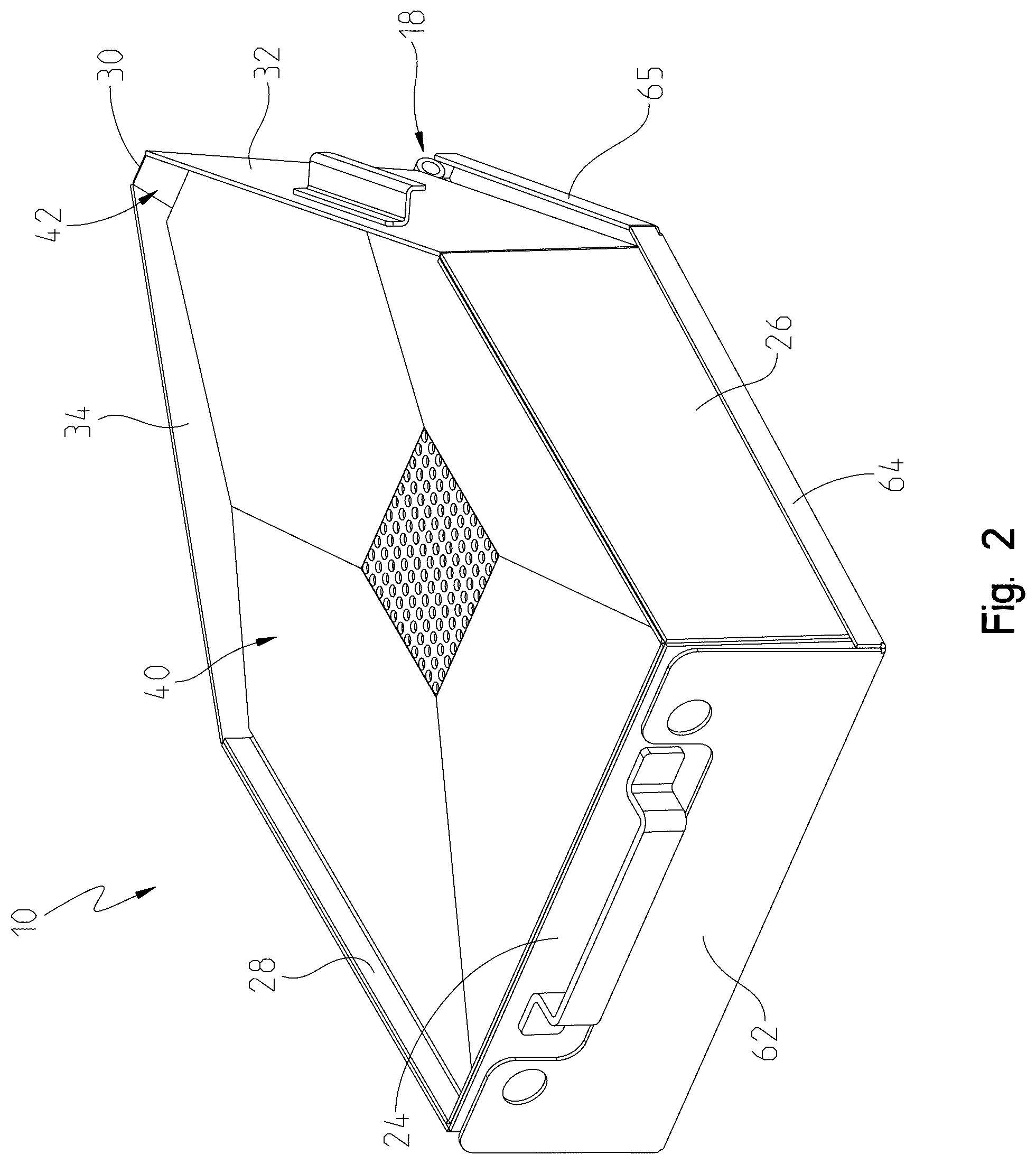 Patent US12305805 Figure 2 – Fluid drain pan with stowable pouring stand
