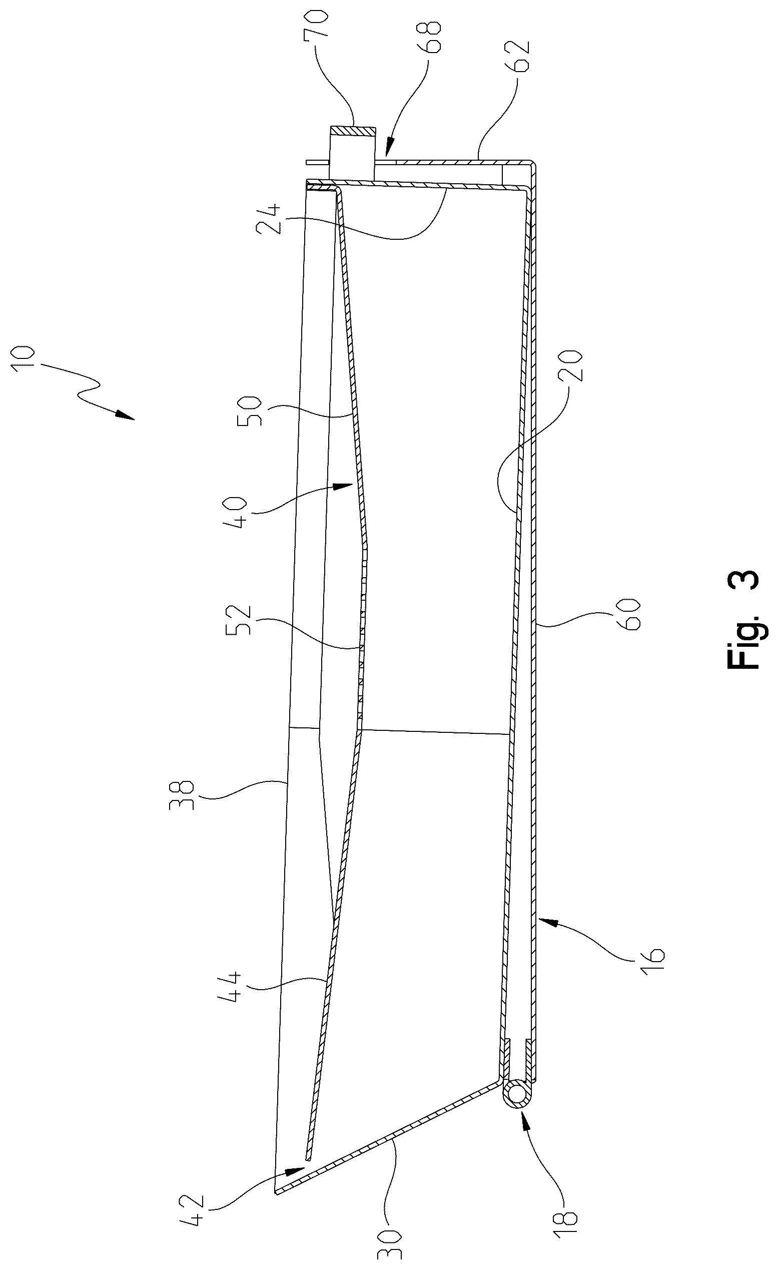 Patent US12305805 Figure 3 – Fluid drain pan with stowable pouring stand