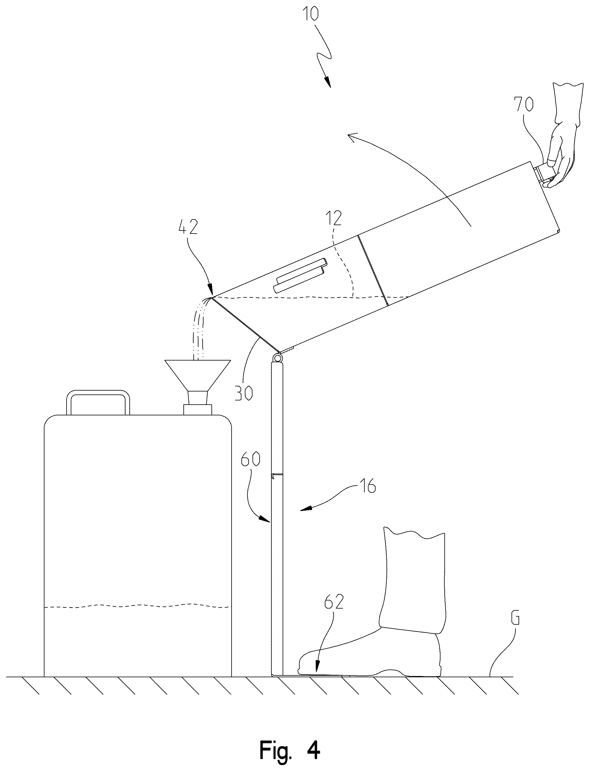 Patent US12305805 Figure 4 – Fluid drain pan with stowable pouring stand