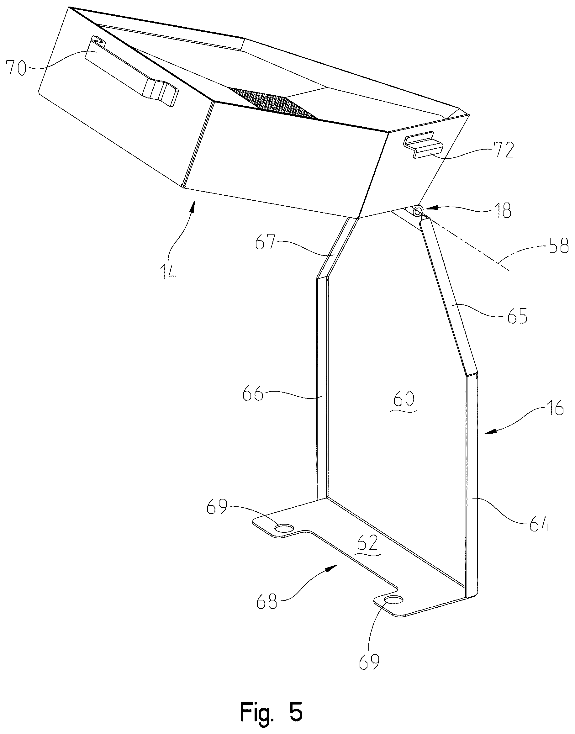Patent US12305805 Figure 5 – Fluid drain pan with stowable pouring stand