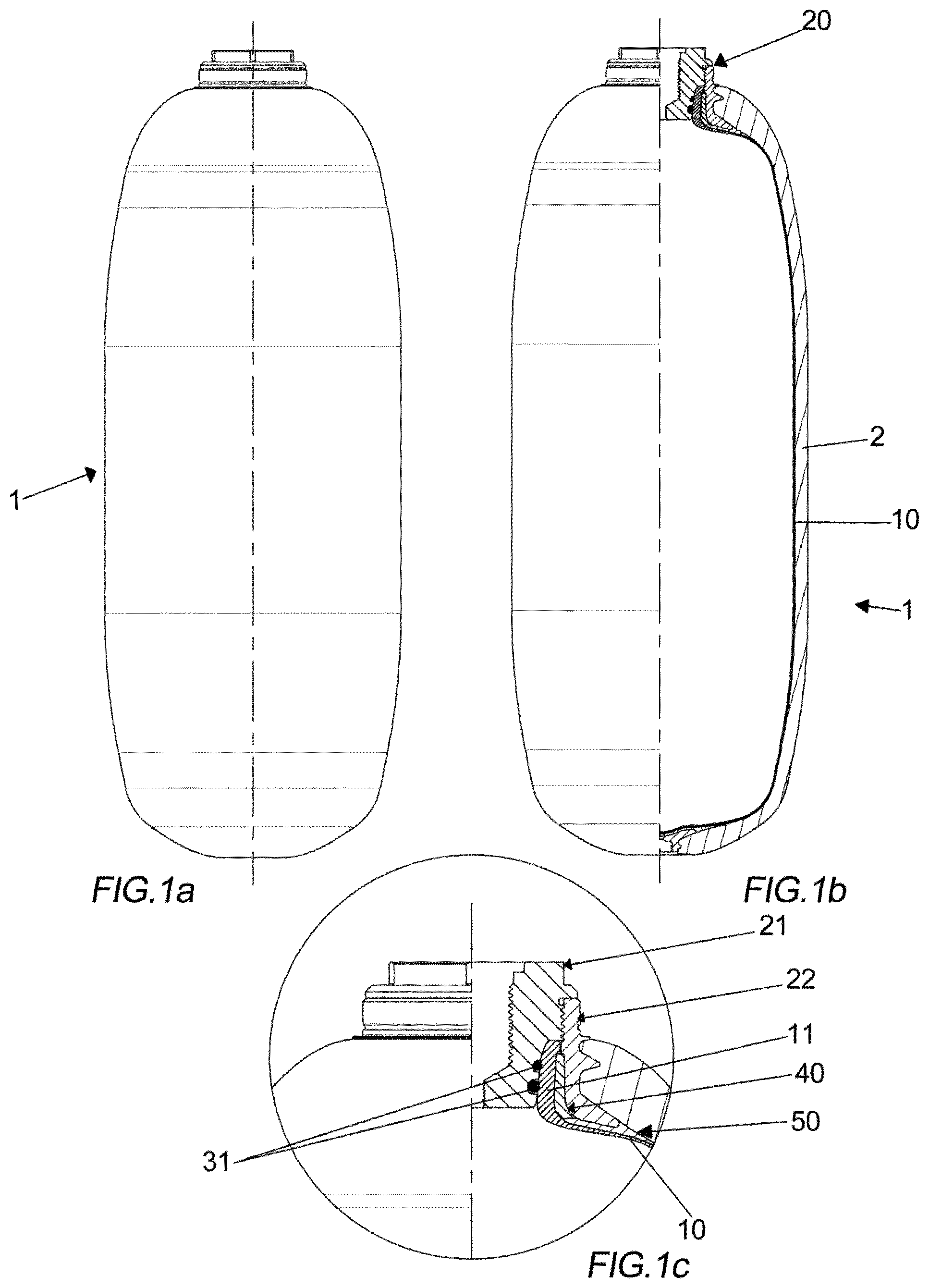 Patent US12305813 Figure 1 – High-pressure cylinder with core in plastic material and surface covering in composite material and related method of production