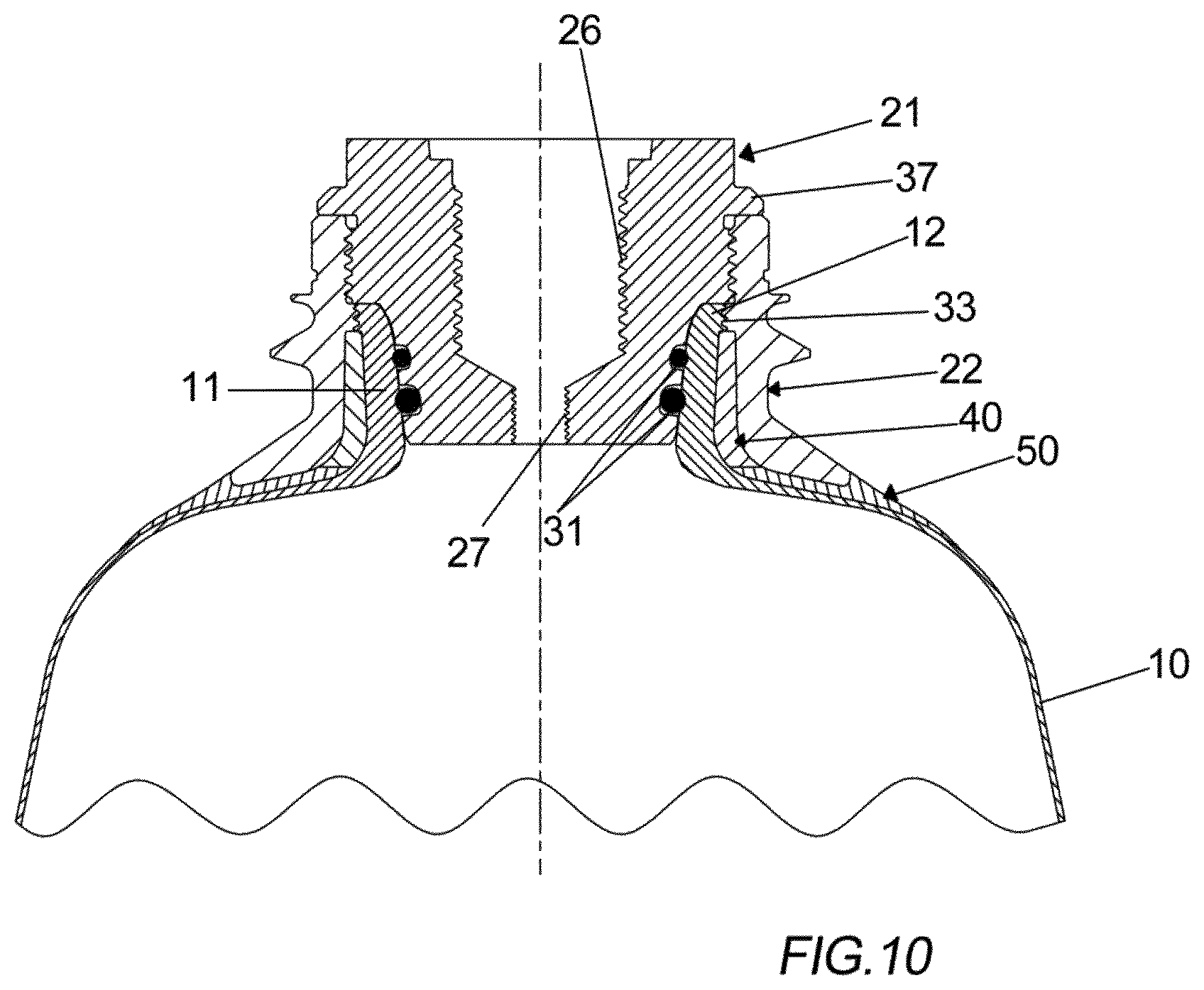 Patent US12305813 Figure 8 – High-pressure cylinder with core in plastic material and surface covering in composite material and related method of production