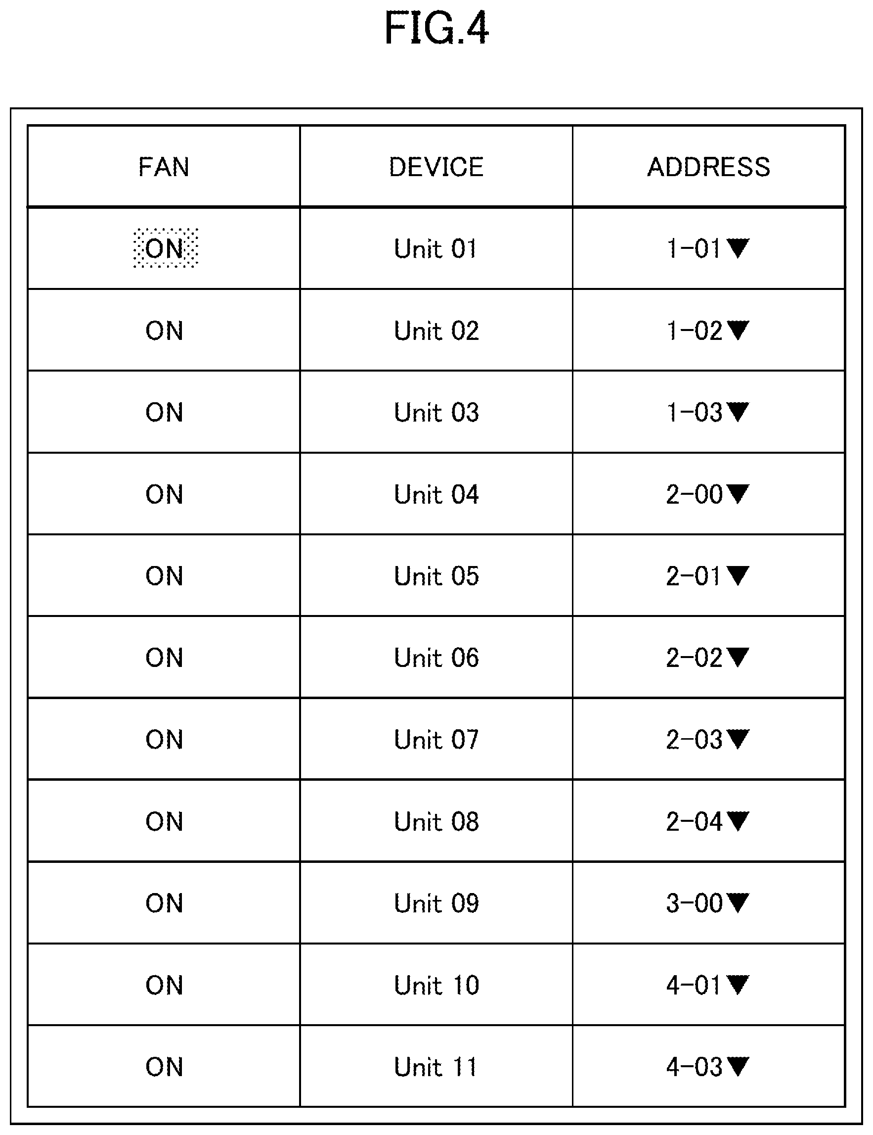 Patent US12305870 Figure 4 – Setting screen displaying a list of air conditioner identifiers installed, on/off fan control, airflow direction, and address information of multiple indoor units and outdoor units