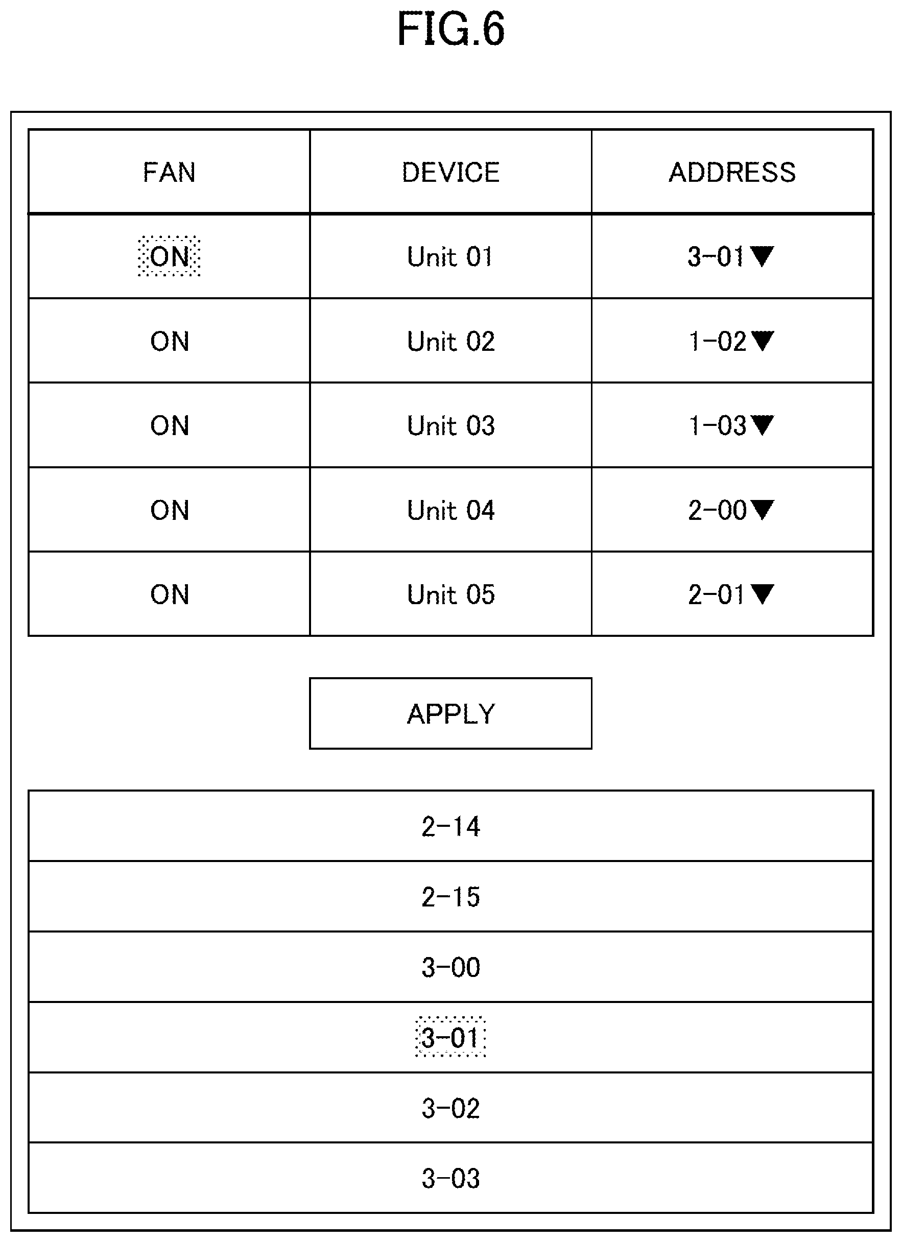 Patent US12305870 Figure 6 – Setting screen displaying a list of air conditioner identifiers installed, on/off fan control, airflow direction, and address information of multiple indoor units and outdoor units