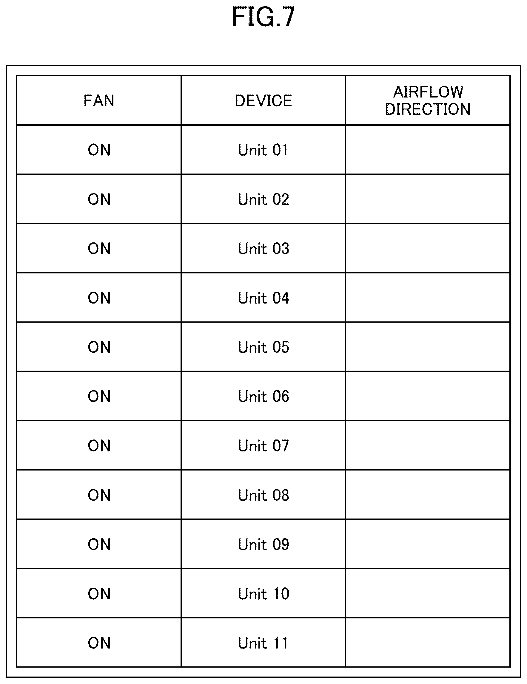 Patent US12305870 Figure 7 – Setting screen displaying a list of air conditioner identifiers installed, on/off fan control, airflow direction, and address information of multiple indoor units and outdoor units
