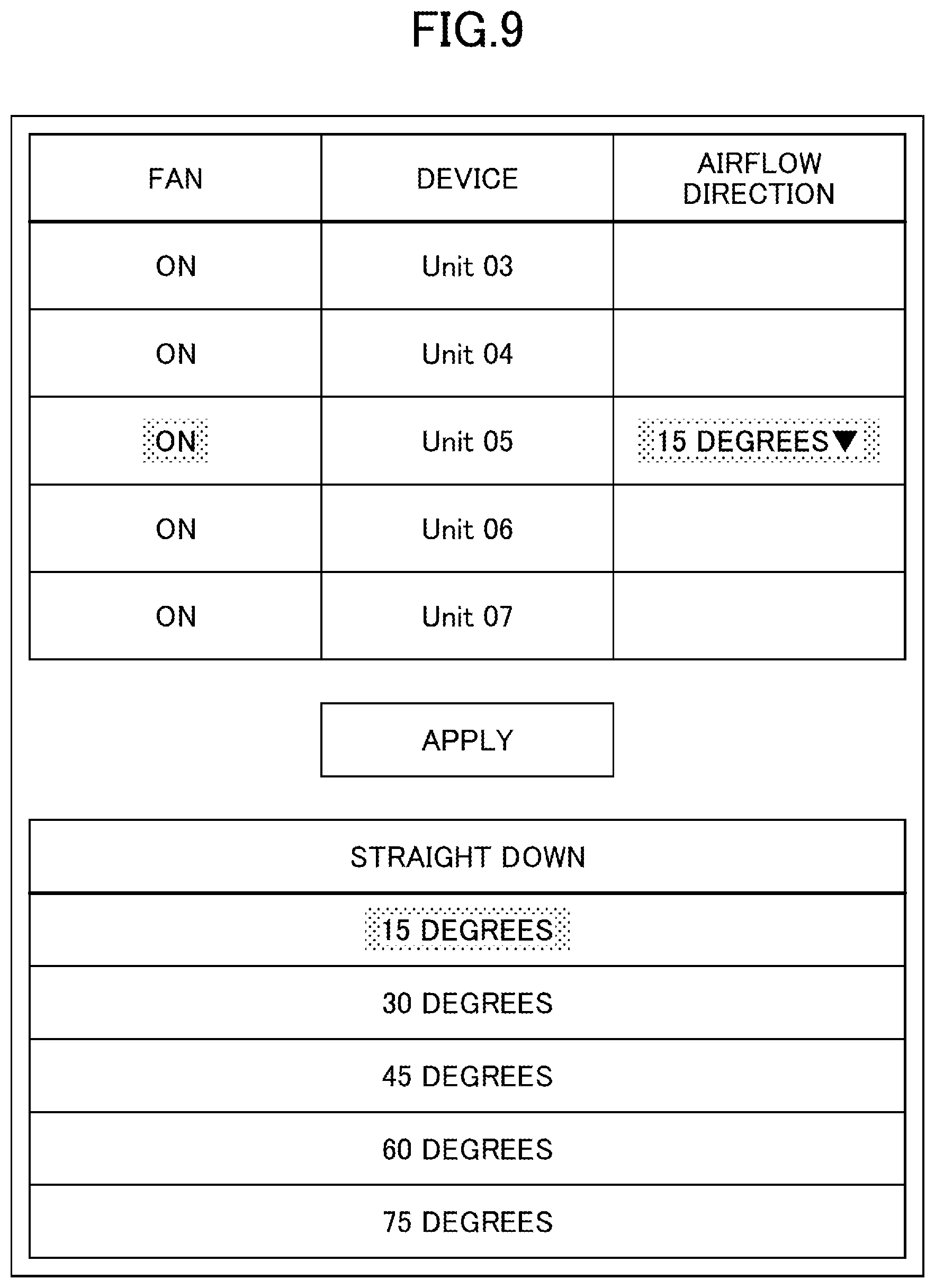 Patent US12305870 Figure 9 – Setting screen displaying a list of air conditioner identifiers installed, on/off fan control, airflow direction, and address information of multiple indoor units and outdoor units
