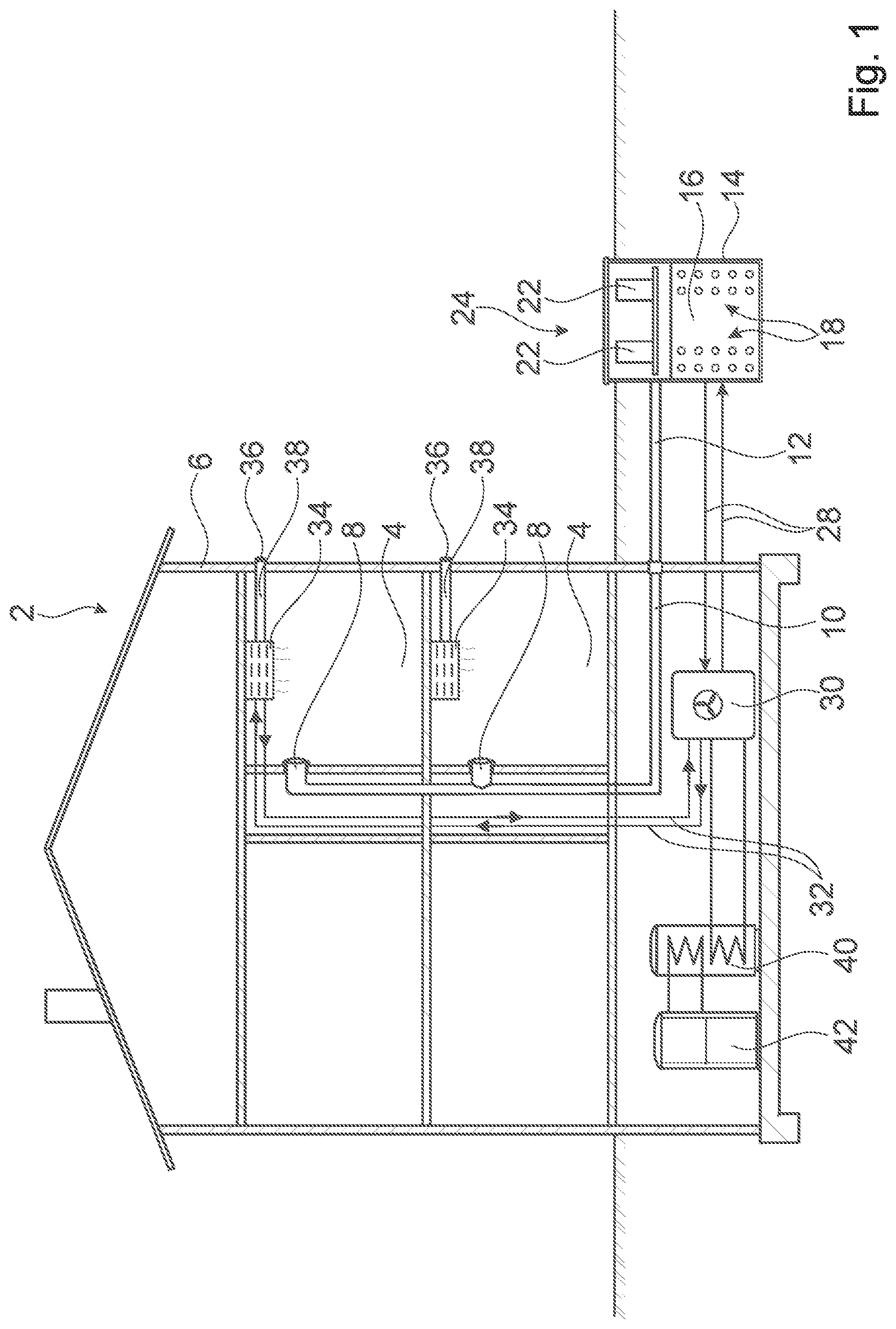 Patent US12305878 Figure 1 – System for air conditioning the interior of a building that guides exhaust air into a fluid reservoir via a heat exchanger
