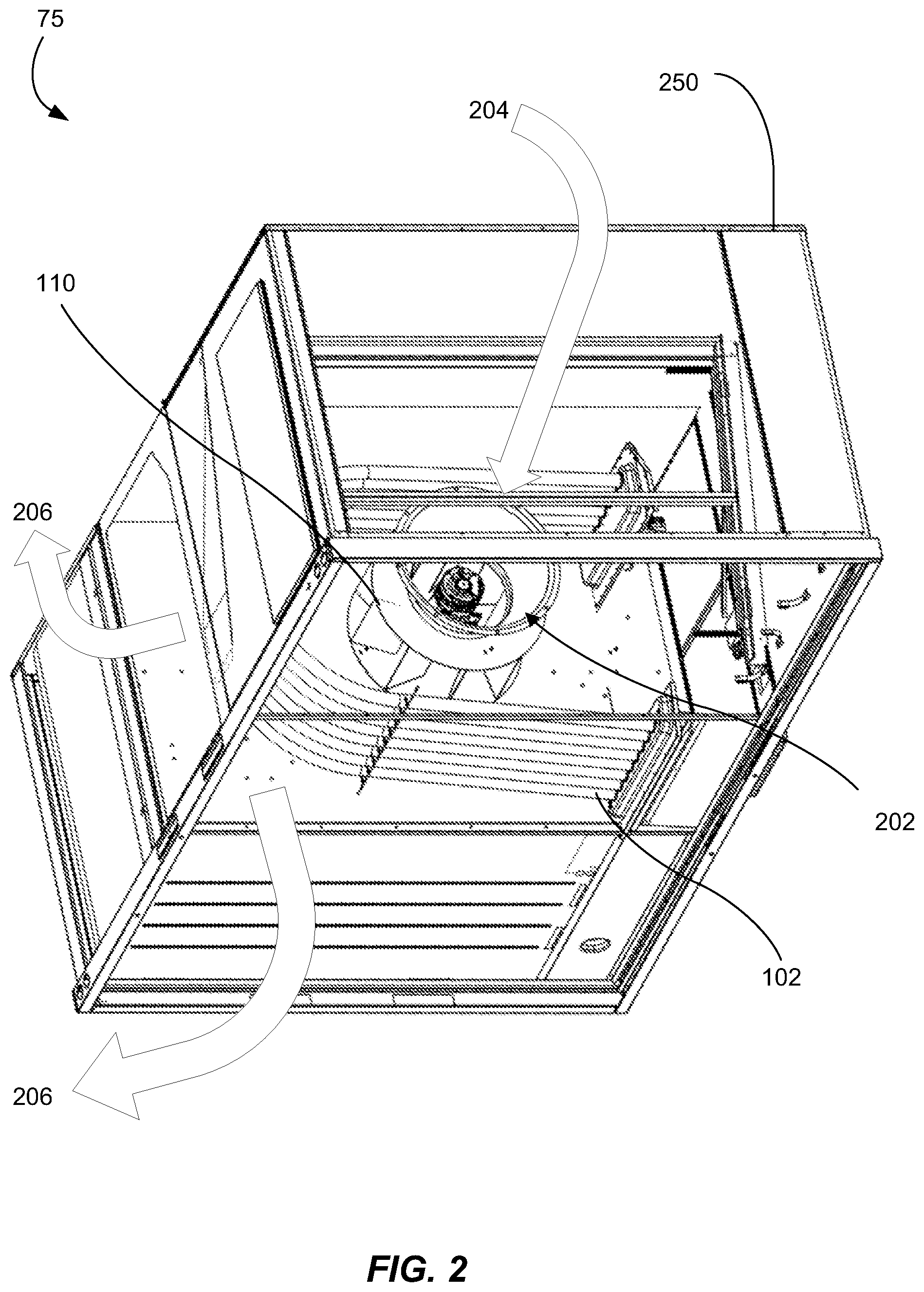 Patent US12305886 Figure 2 – Heating systems with unhoused centrifugal fan and wraparound heat exchanger
