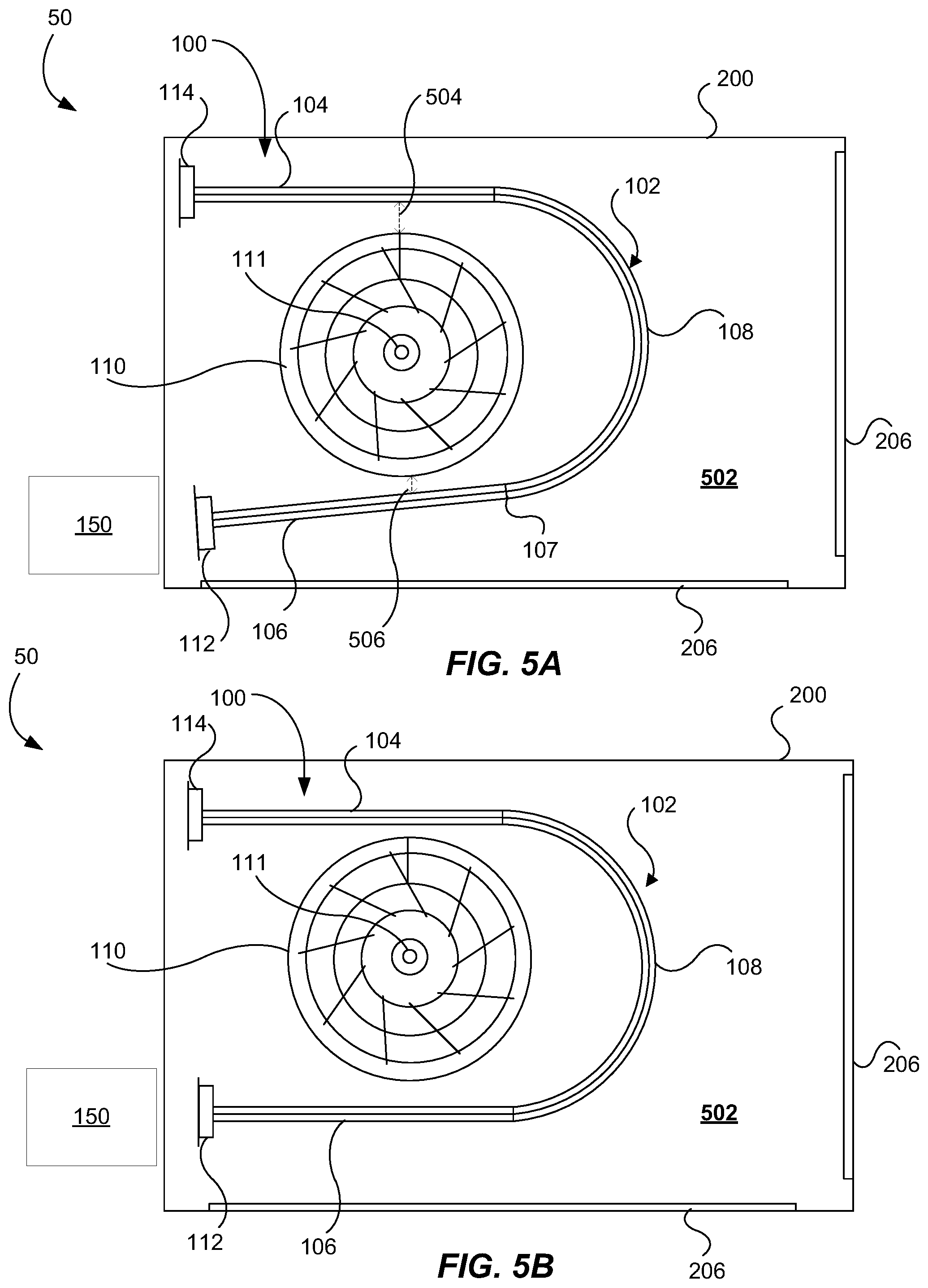 Patent US12305886 Figure 5 – Heating systems with unhoused centrifugal fan and wraparound heat exchanger