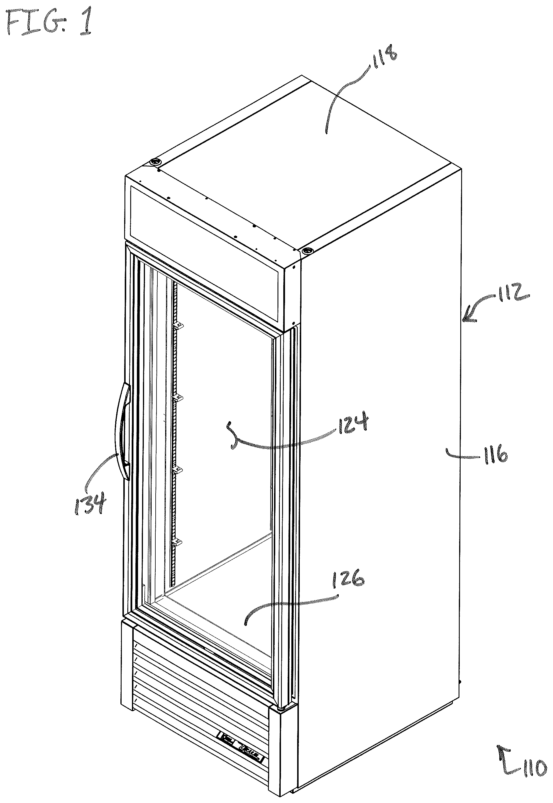 Patent US12305908 Figure 1 – Self-contained reach-in refrigerator