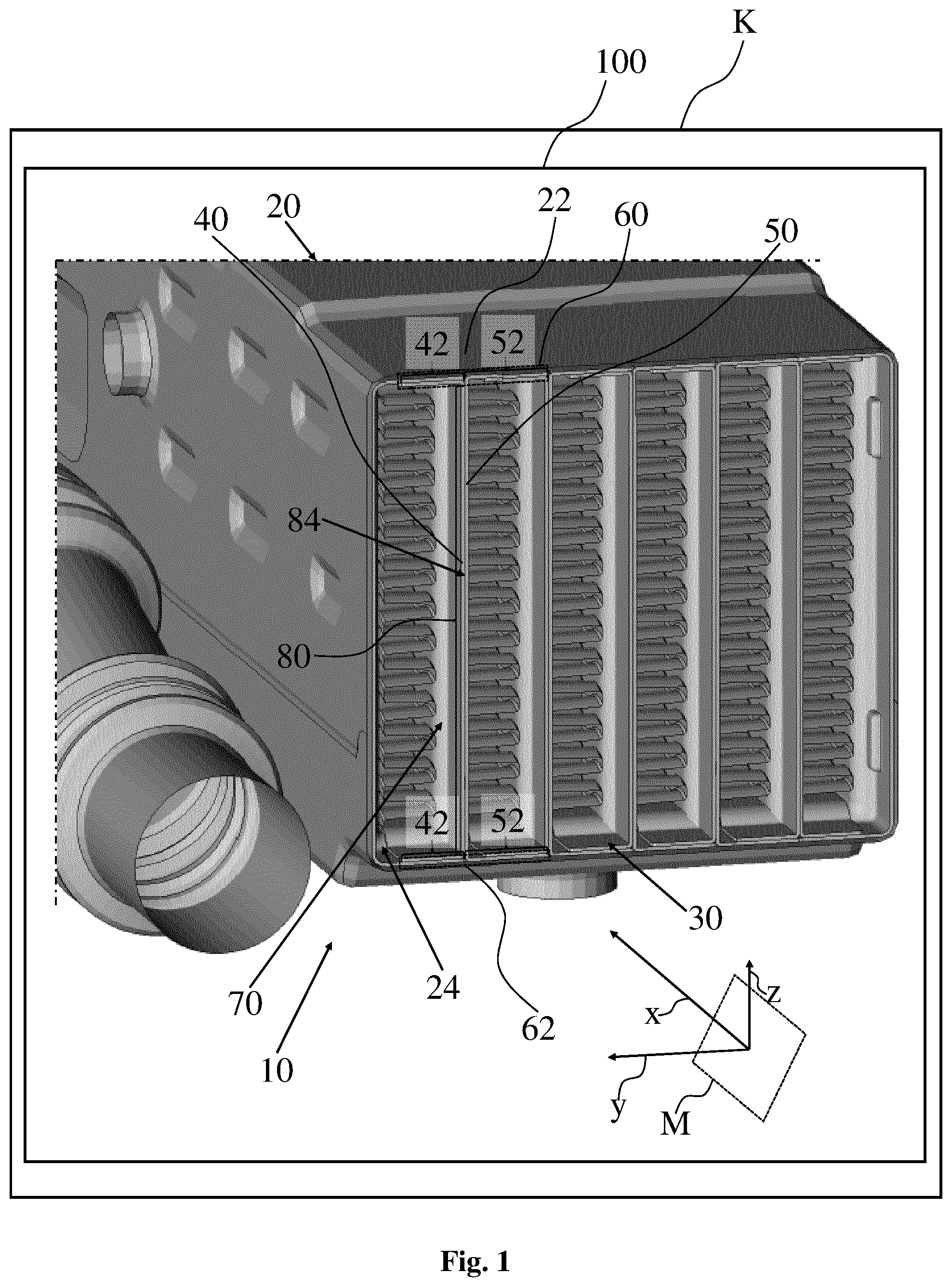Patent US12305936 Figure 1 – Heat exchanger for an internal combustion engine, having a stiffening element in the region of a join between two partitions, and internal combustion engine having a heat exchanger