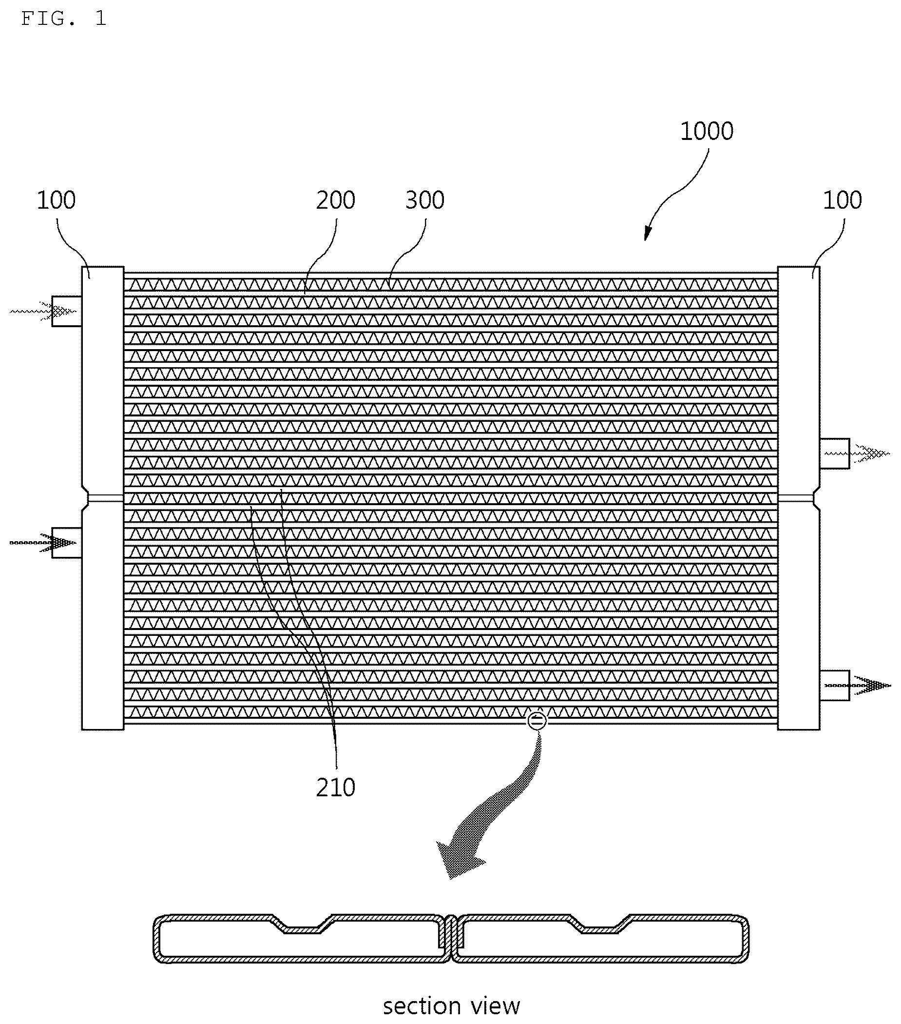 Patent US12305939 Figure 1 – Heat exchanger having flow distribution tank structure for thermal stress dispersion