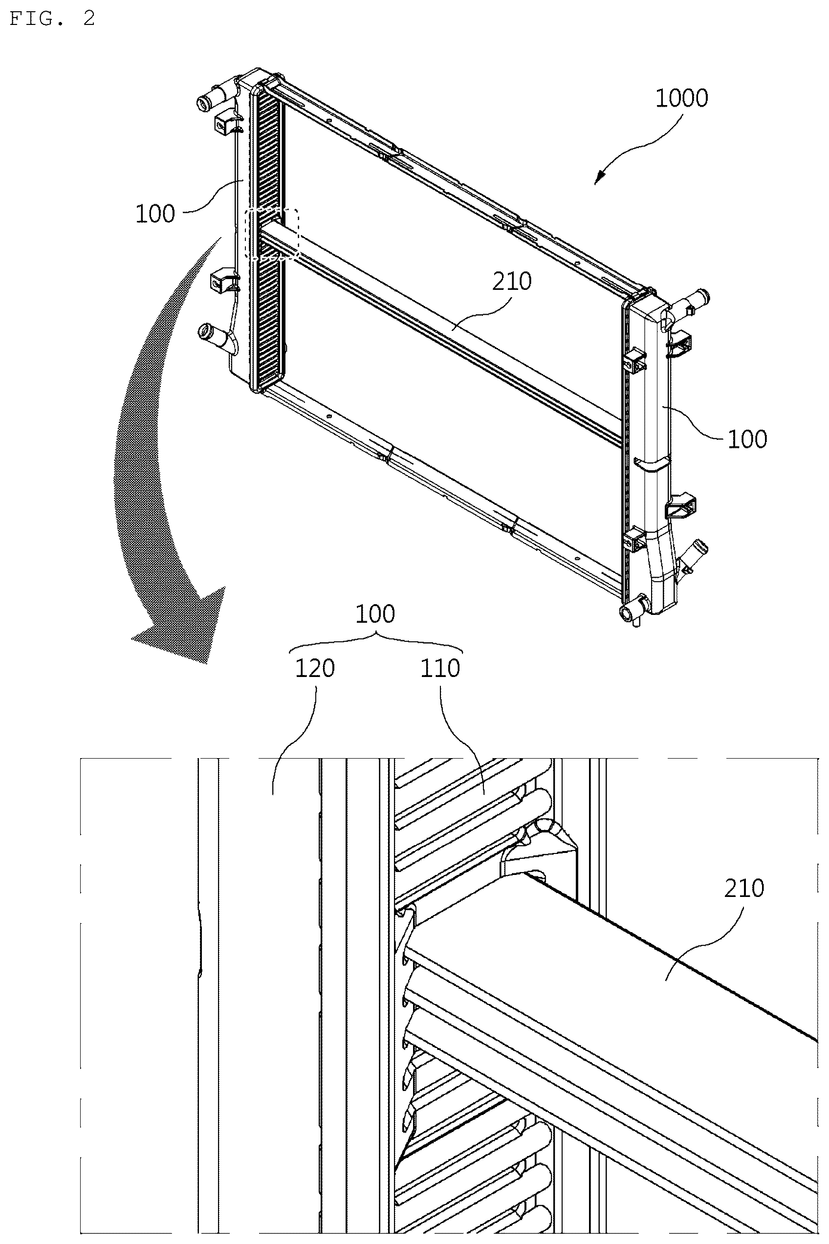 Patent US12305939 Figure 2 – Heat exchanger having flow distribution tank structure for thermal stress dispersion