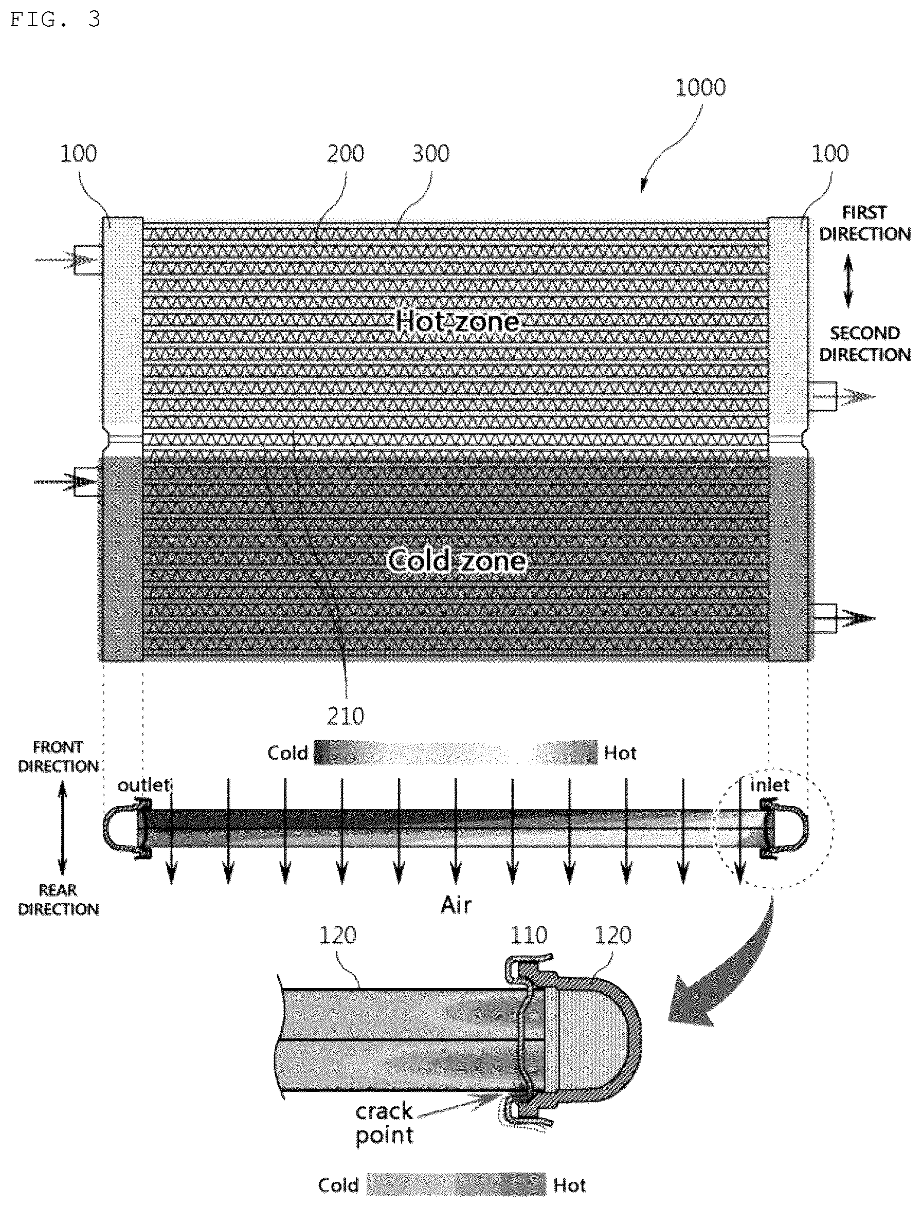 Patent US12305939 Figure 3 – Heat exchanger having flow distribution tank structure for thermal stress dispersion