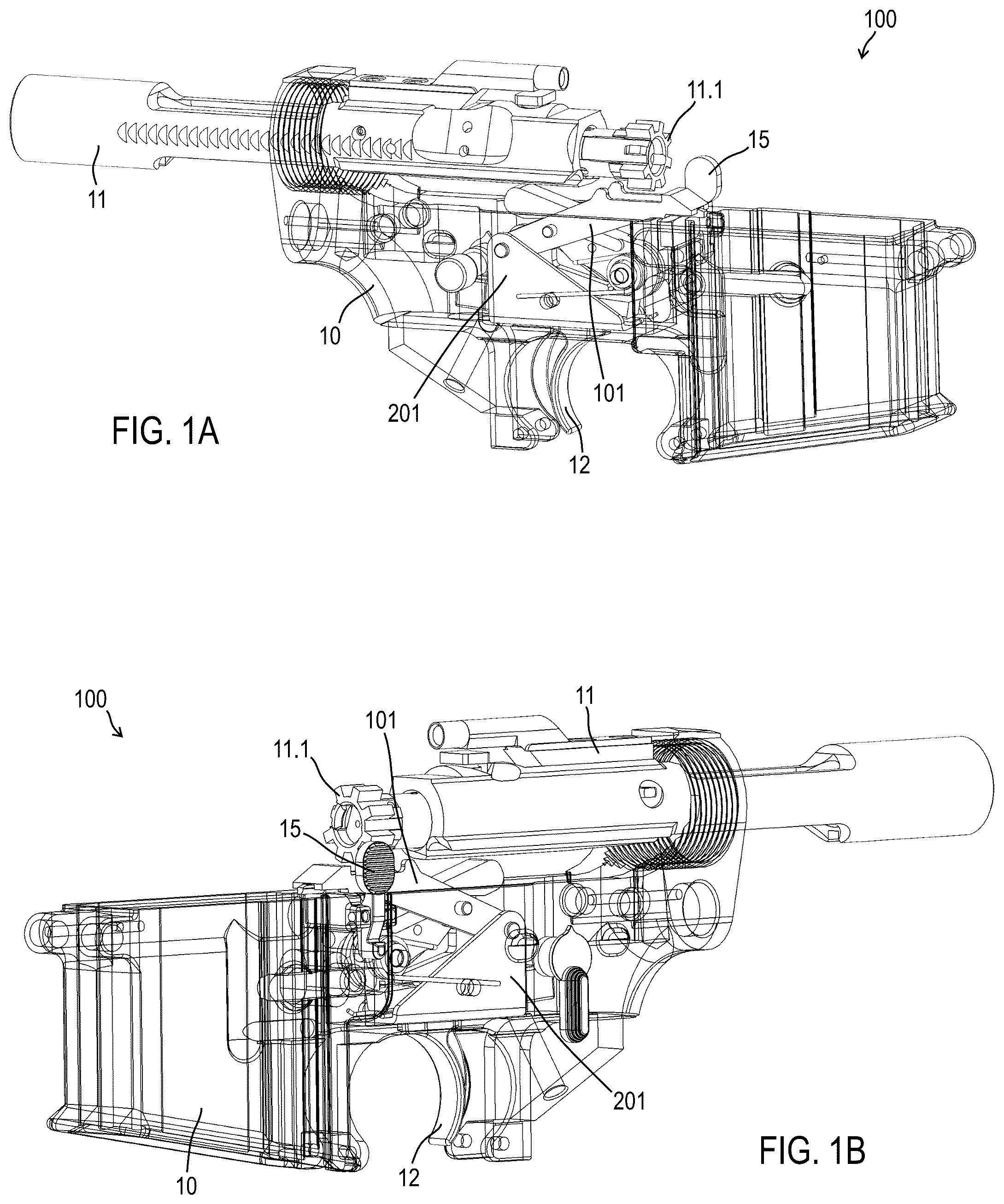 Patent US12305943 Figure 1 – Firearm operating mechanisms and bolt release
