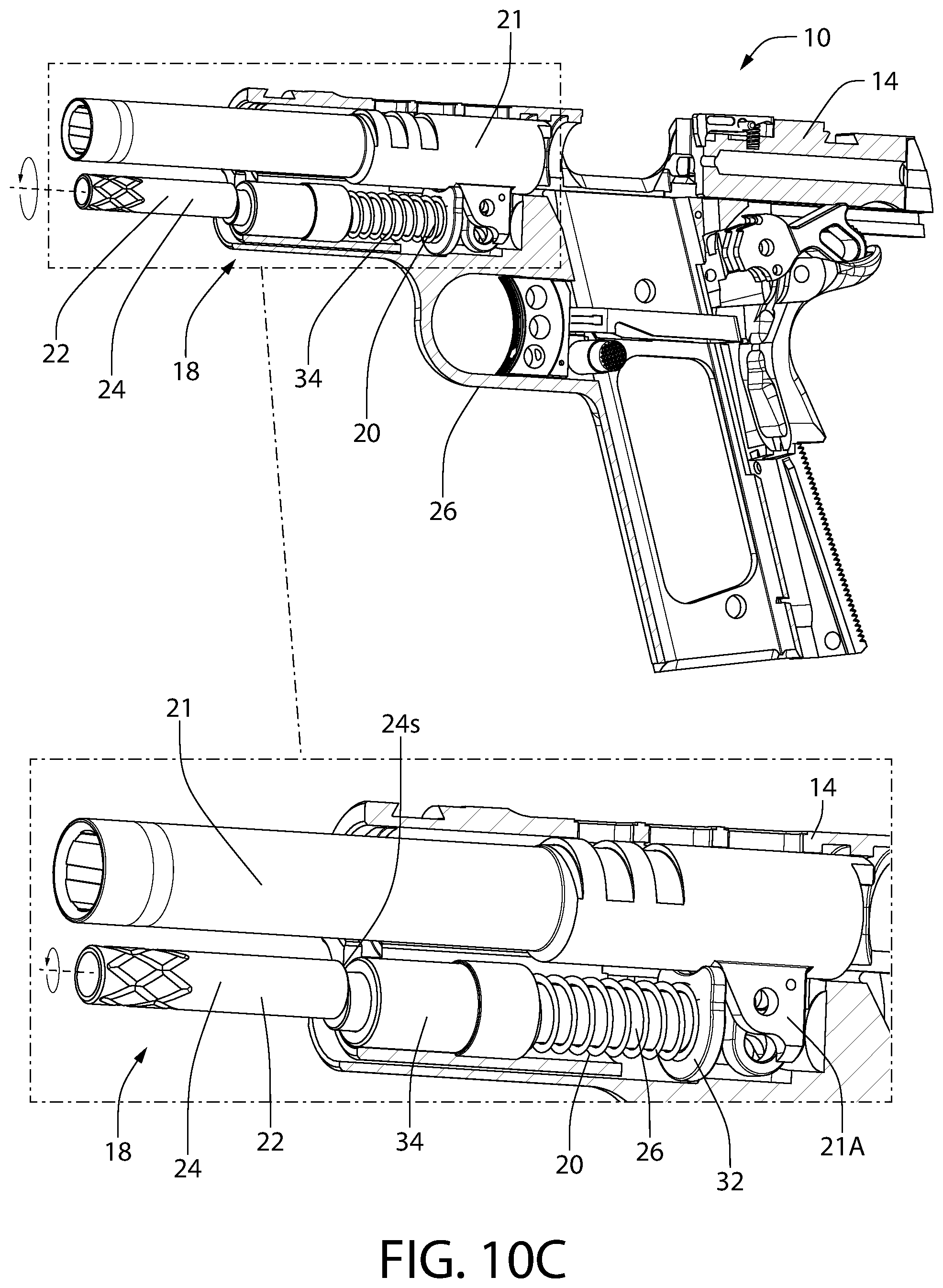 Patent US12305946 Figure 14 – Tool-less takedown rod for pistol
