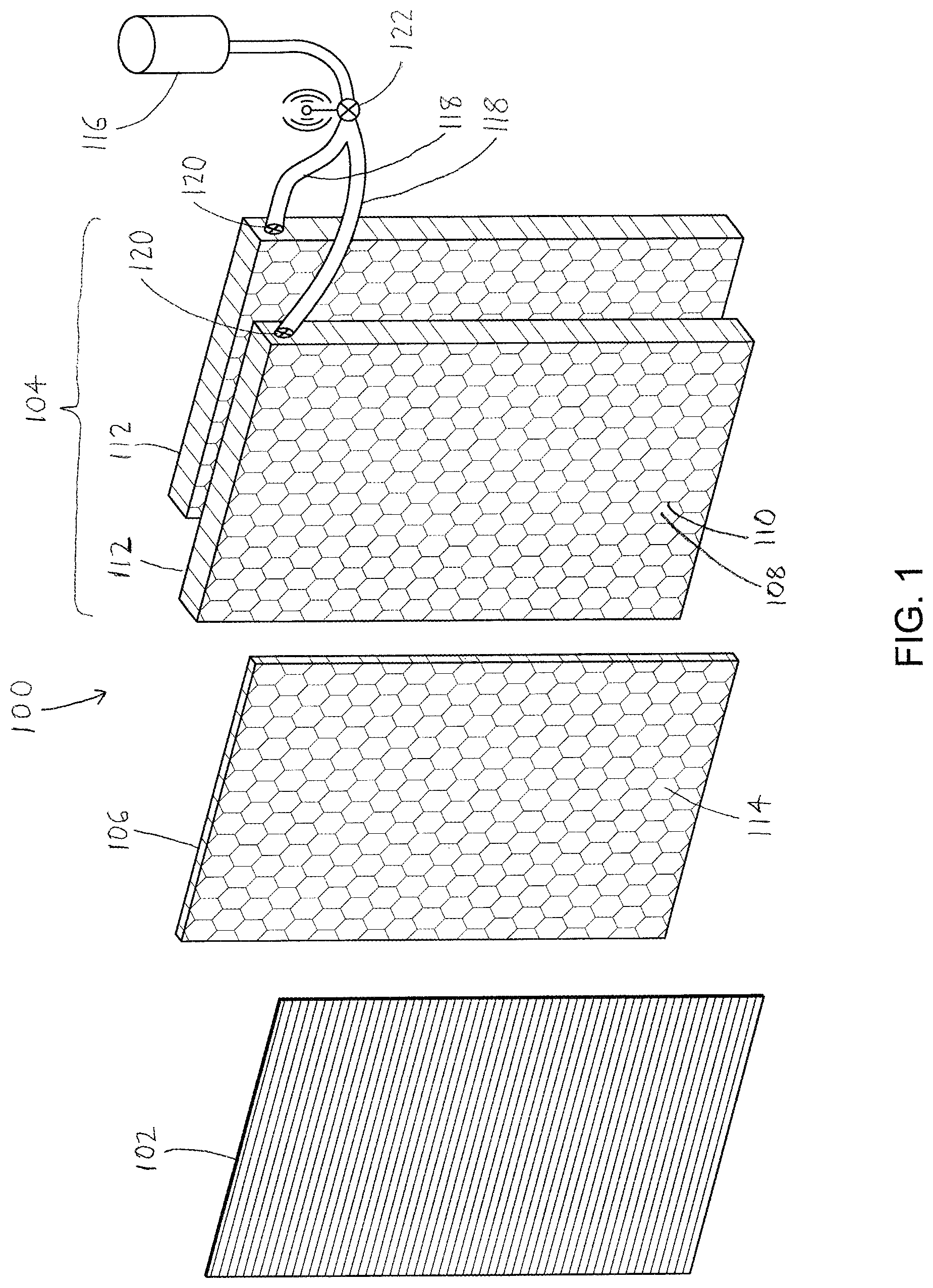Patent US12305962 Figure 1 – Projectile shield with enhanced projectile rebound/ricochet