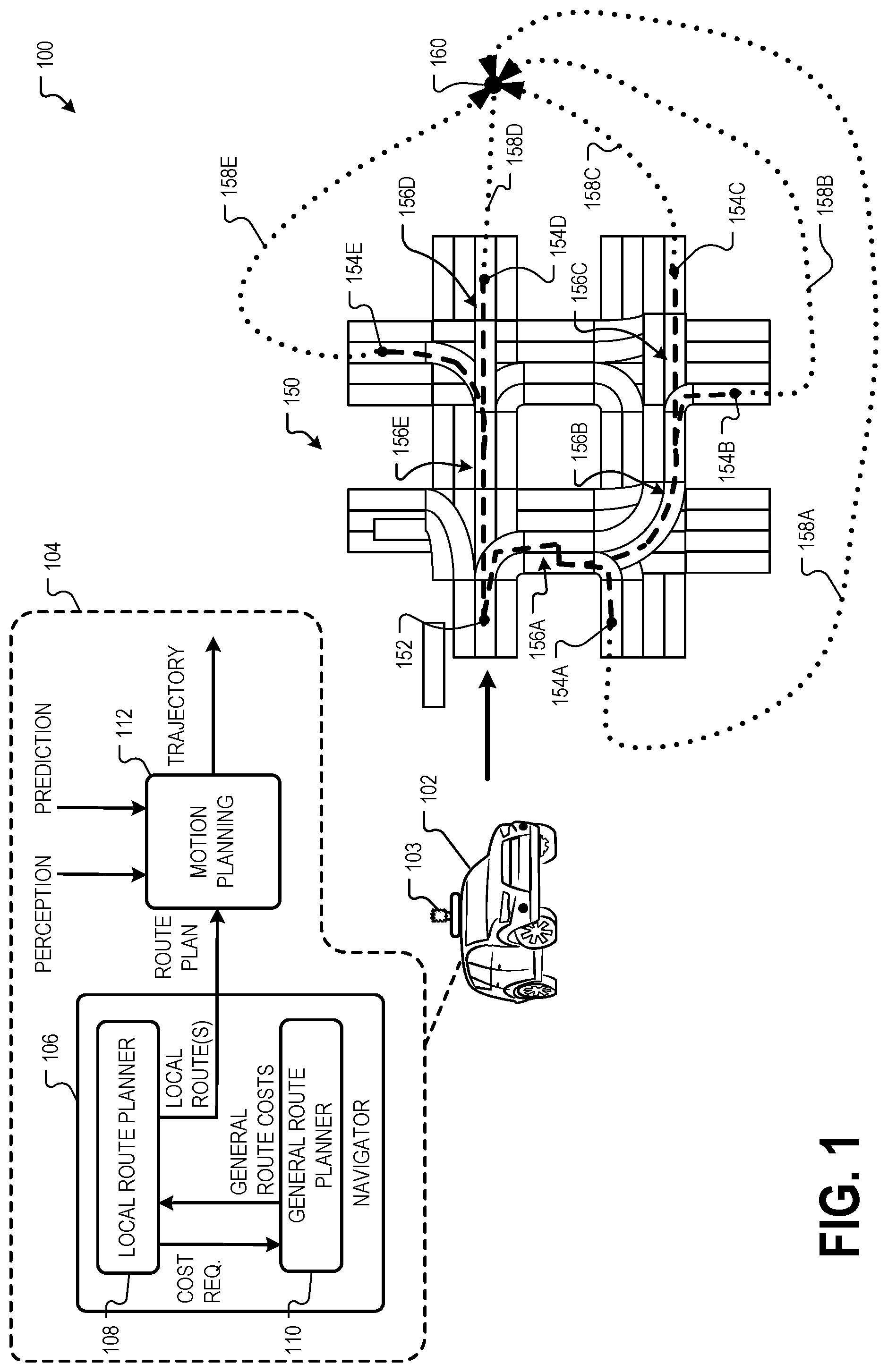 Patent US12305997 Figure 1 – Routing multiple autonomous vehicles using local and general route planning
