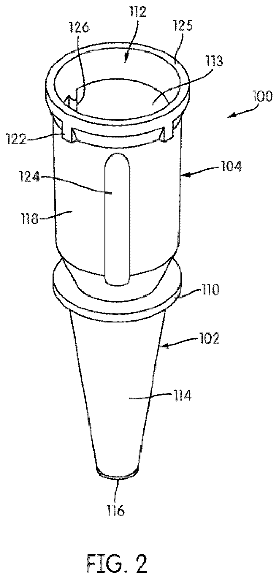 Patent US12306091 Figure 2 – Non-absorbent cleaning member with transport arm working end coupling element for use in a sample testing system