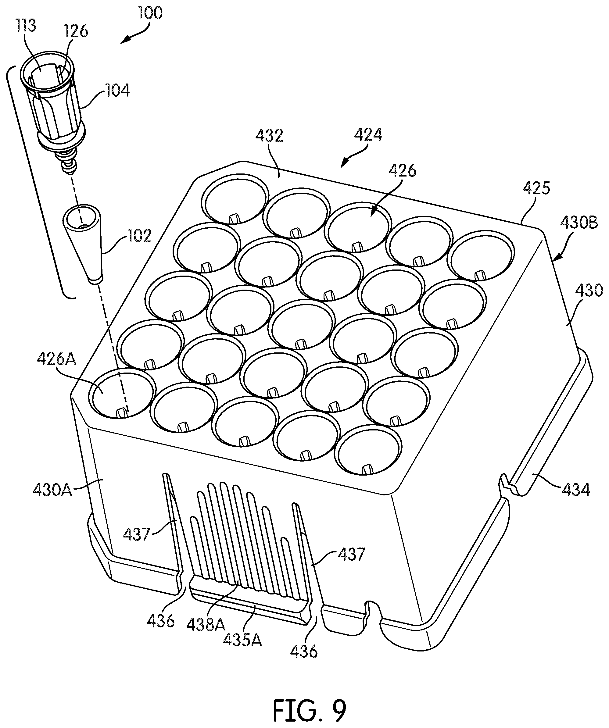 Patent US12306091 Figure 8 – Non-absorbent cleaning member with transport arm working end coupling element for use in a sample testing system