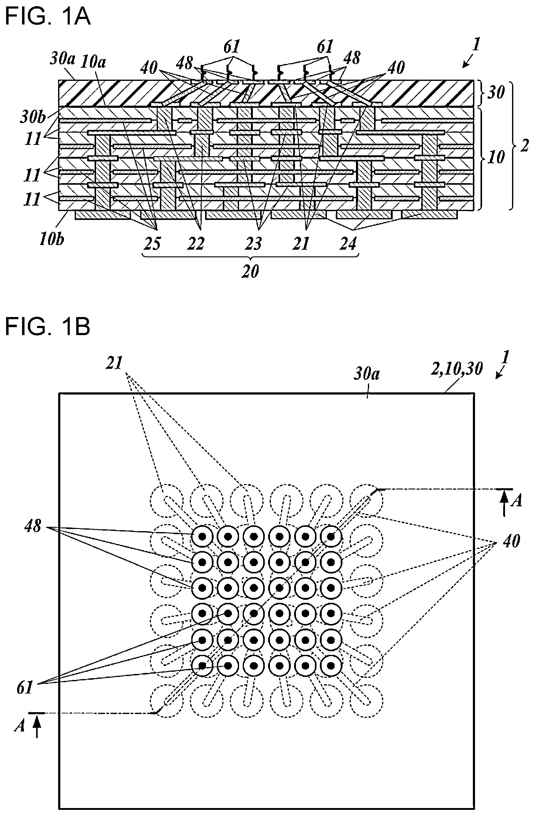 Patent US12306210 Figure 1 – Multilayer circuit board with offset connection pads and inclined internal conductors for enhanced electrical connectivity