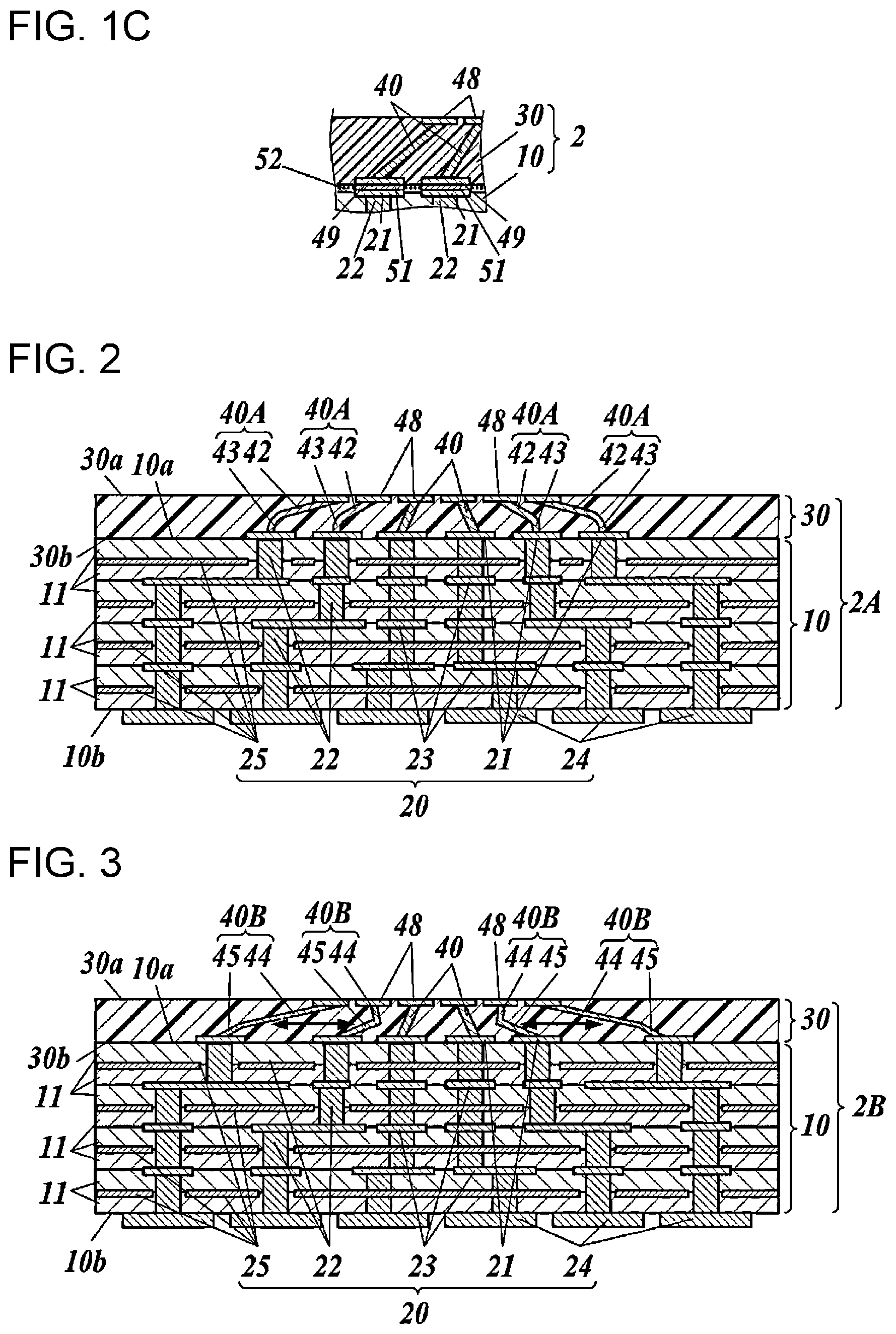 Patent US12306210 Figure 2 – Multilayer circuit board with offset connection pads and inclined internal conductors for enhanced electrical connectivity