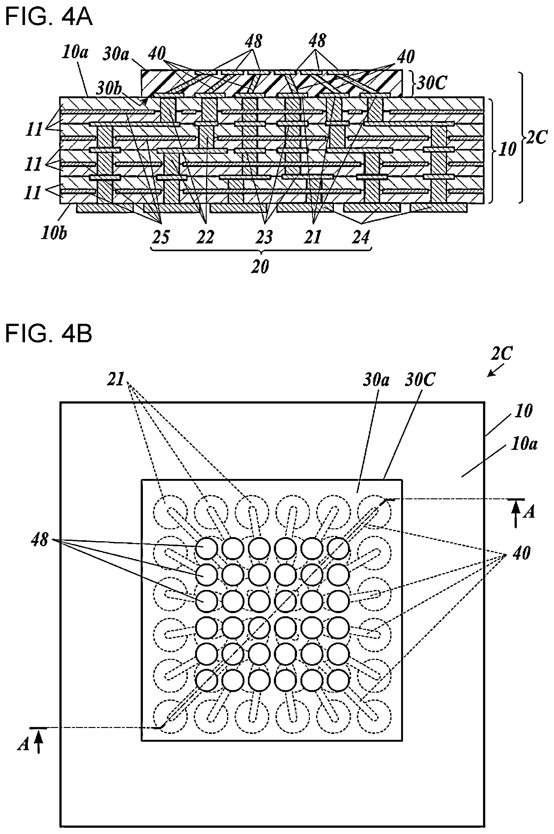 Patent US12306210 Figure 3 – Multilayer circuit board with offset connection pads and inclined internal conductors for enhanced electrical connectivity