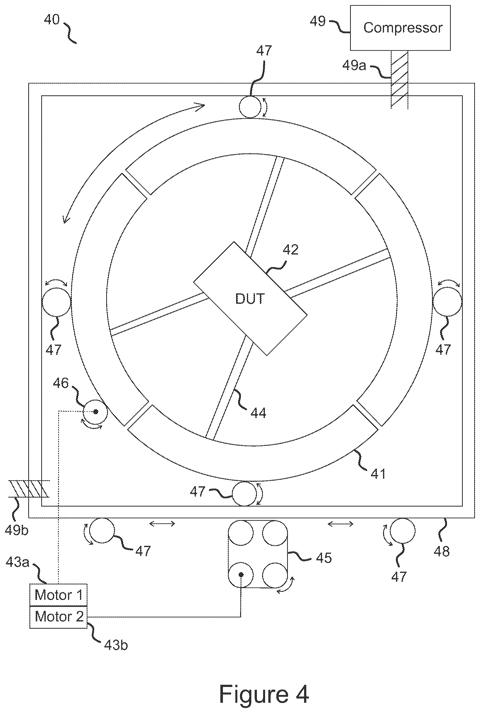 Patent US12306238 Figure 4 – Support structure for a device under test allowing rotation