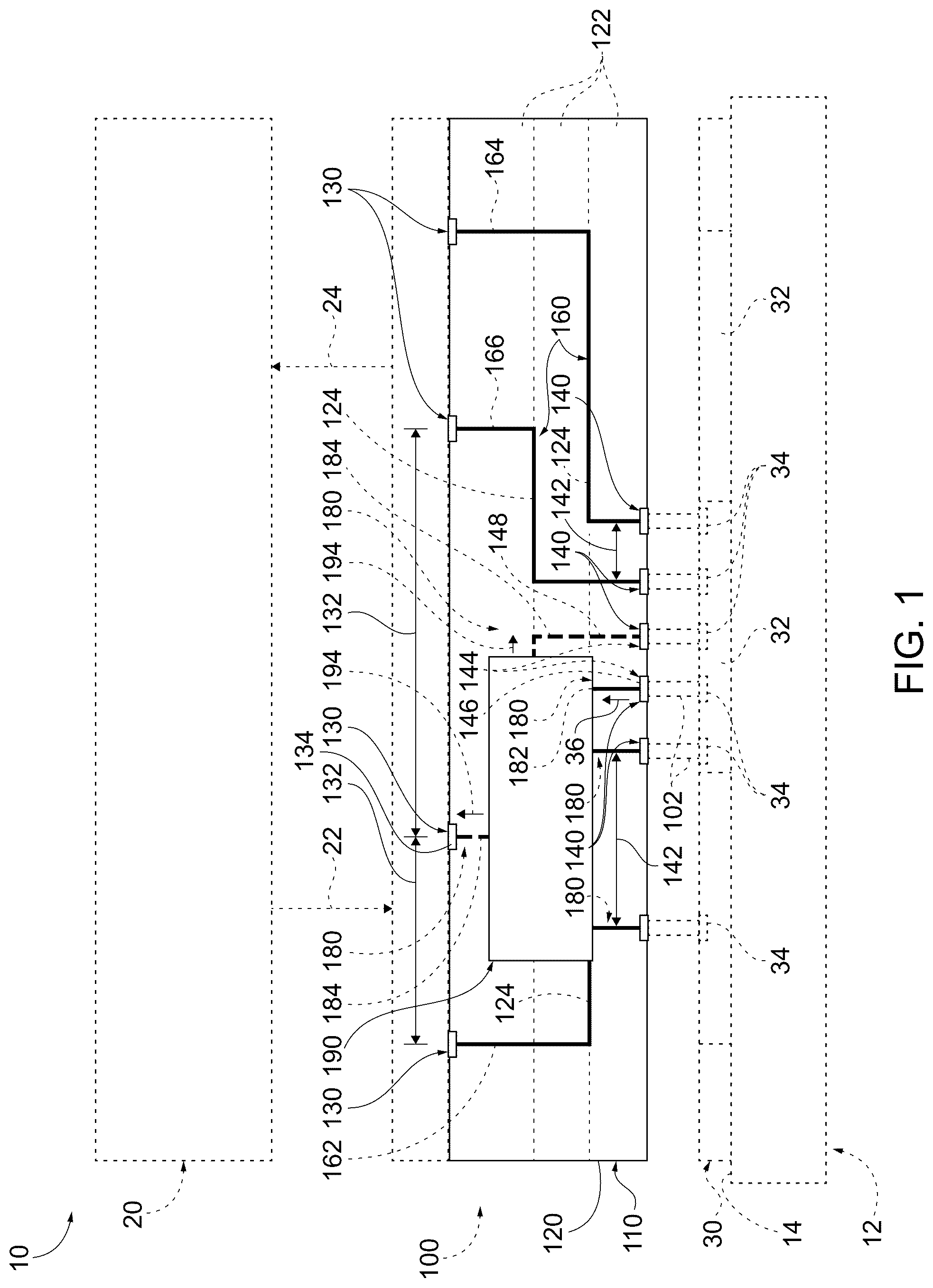 Patent US12306243 Figure 1 – Space transformers configured to be utilized in a probe system, probe systems that include the space transformers, and related methods