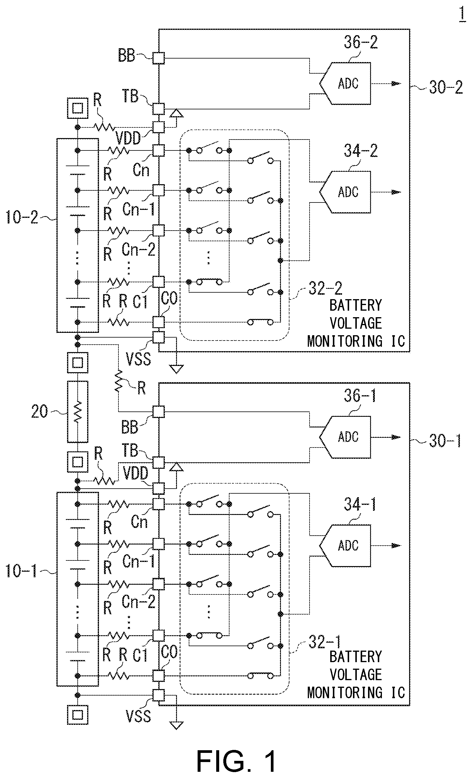 Patent US12306255 — Battery voltage monitoring device — Figure 1
