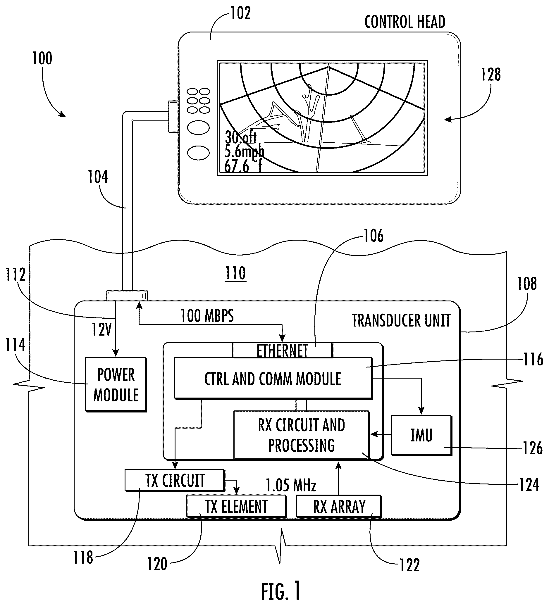 Patent US12306327 Figure 1 – Multiplexed phased array multibeam sonar
