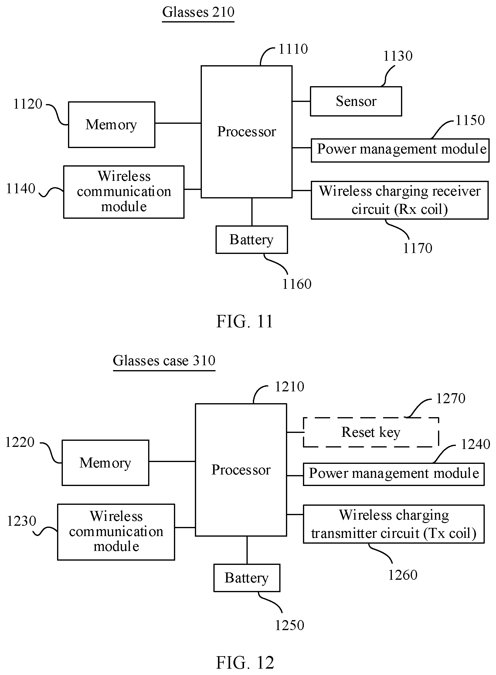 Patent US12306400 Figure 11 – Glasses having wireless charging receiver circuit, glasses case for glasses, and system