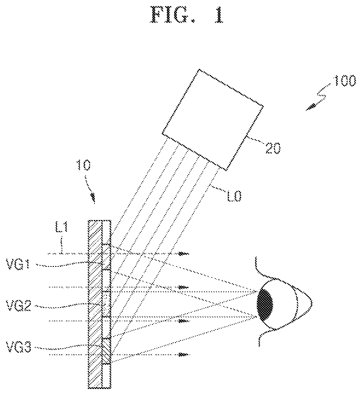 Patent US12306410 Figure 1 – Display apparatus including volume grating based combiner