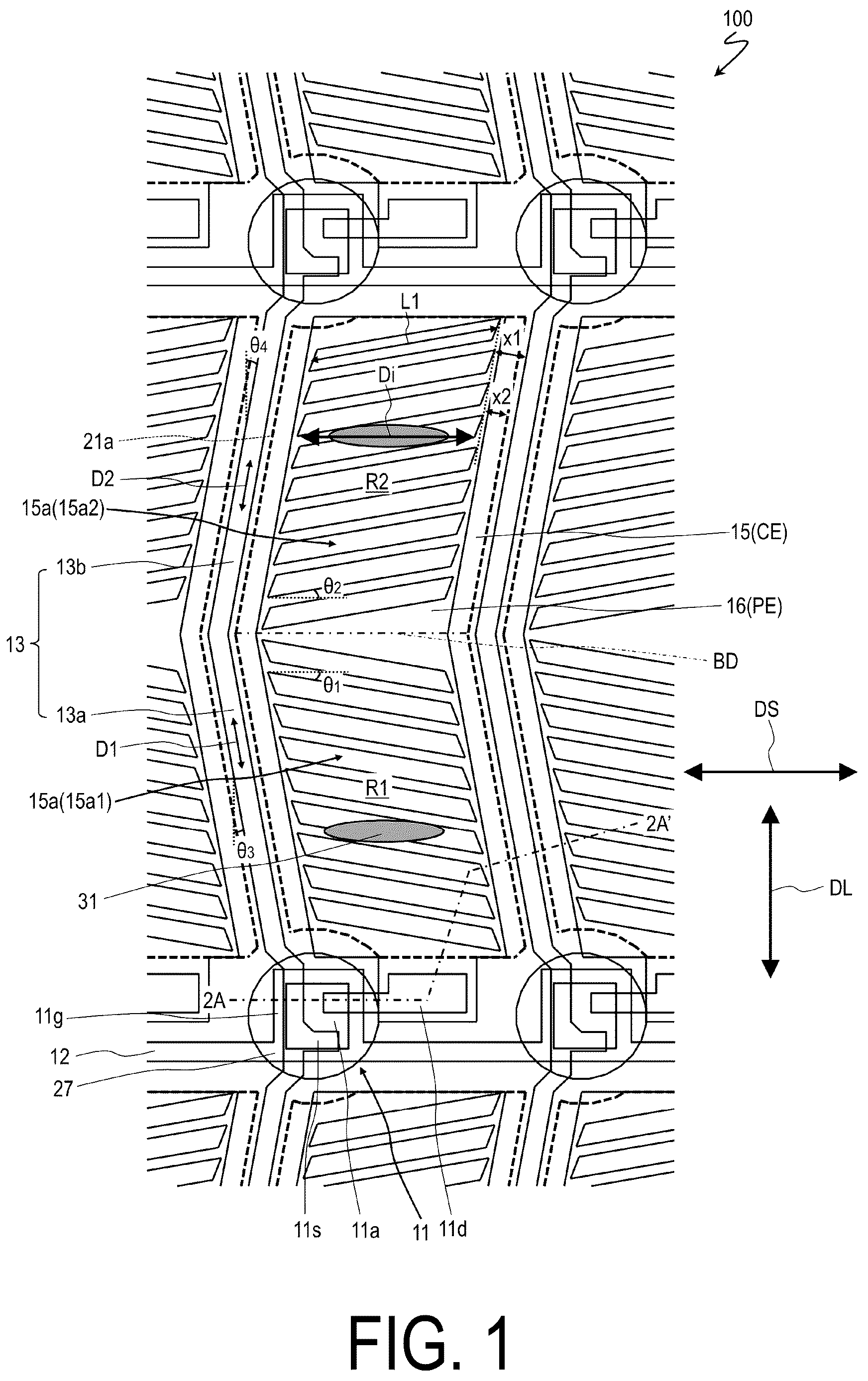 Patent US12306503 Figure 1 – Liquid crystal display device comprising electrodes each having a plurality of slits that form an acute angle with a short side of the electrodes