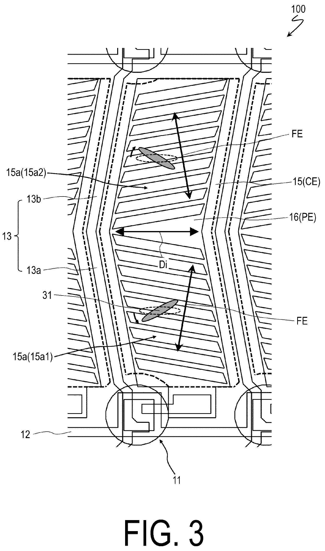 Patent US12306503 Figure 3 – Liquid crystal display device comprising electrodes each having a plurality of slits that form an acute angle with a short side of the electrodes