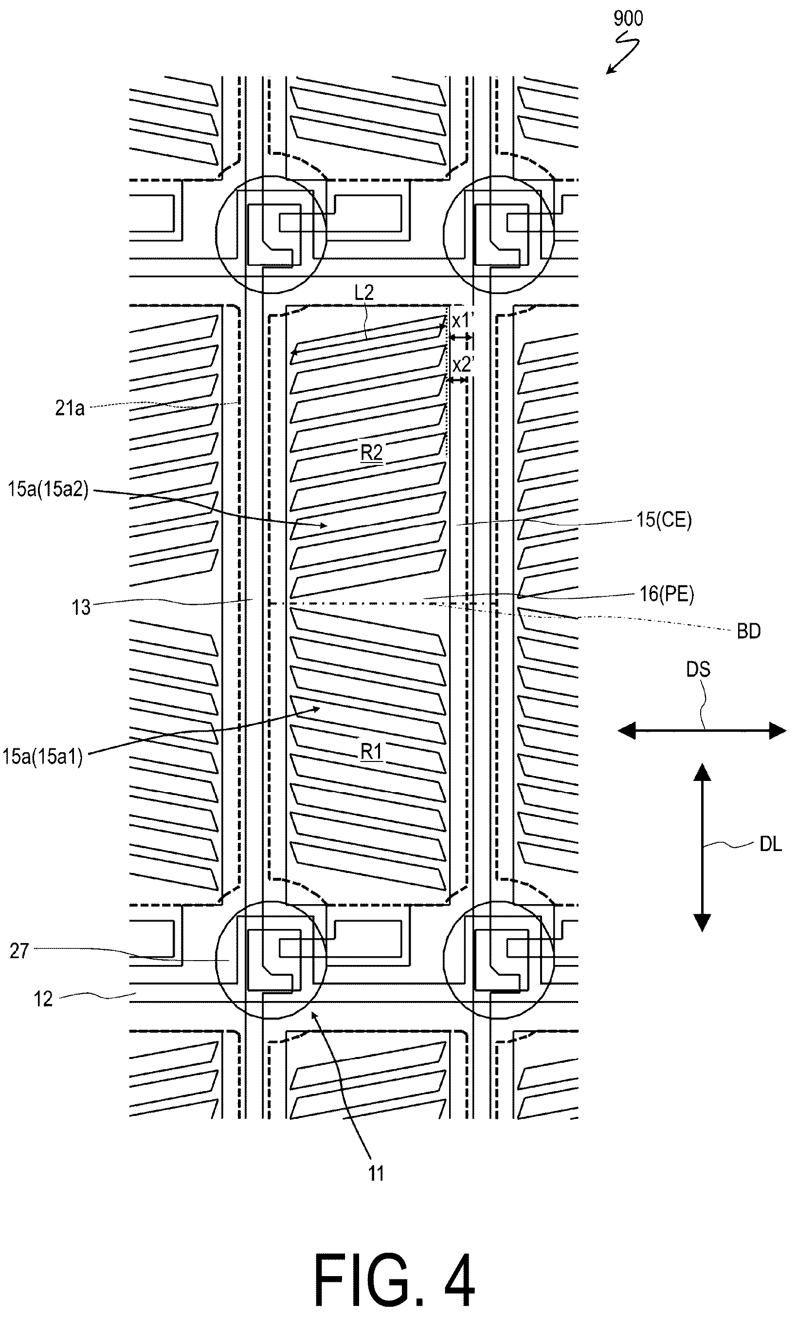 Patent US12306503 Figure 4 – Liquid crystal display device comprising electrodes each having a plurality of slits that form an acute angle with a short side of the electrodes