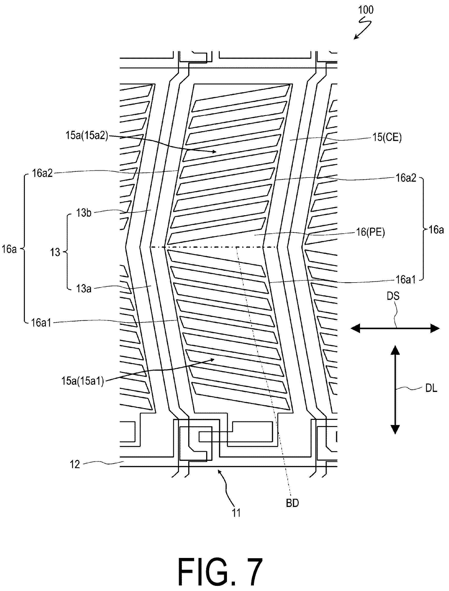 Patent US12306503 Figure 7 – Liquid crystal display device comprising electrodes each having a plurality of slits that form an acute angle with a short side of the electrodes