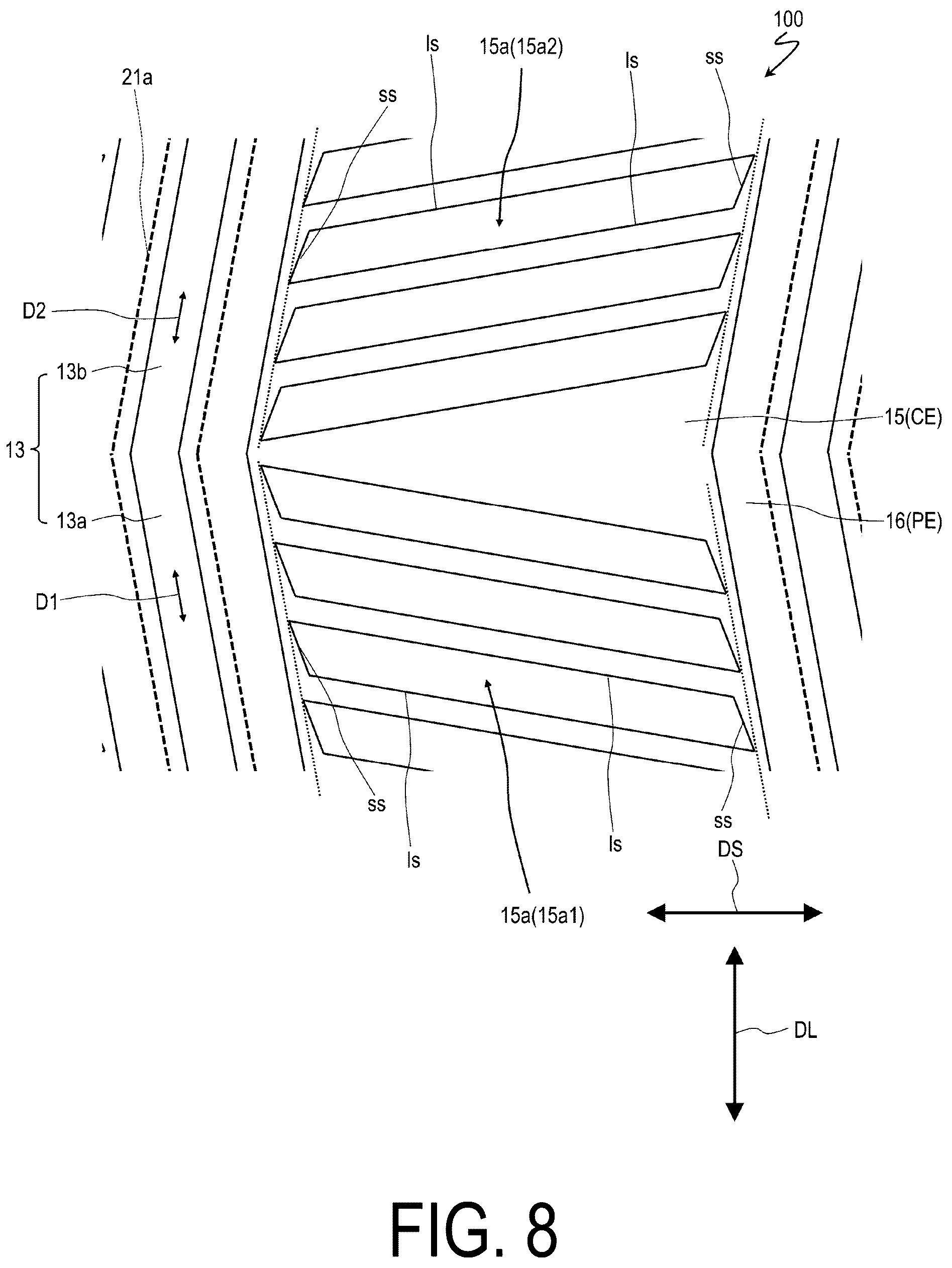 Patent US12306503 Figure 8 – Liquid crystal display device comprising electrodes each having a plurality of slits that form an acute angle with a short side of the electrodes