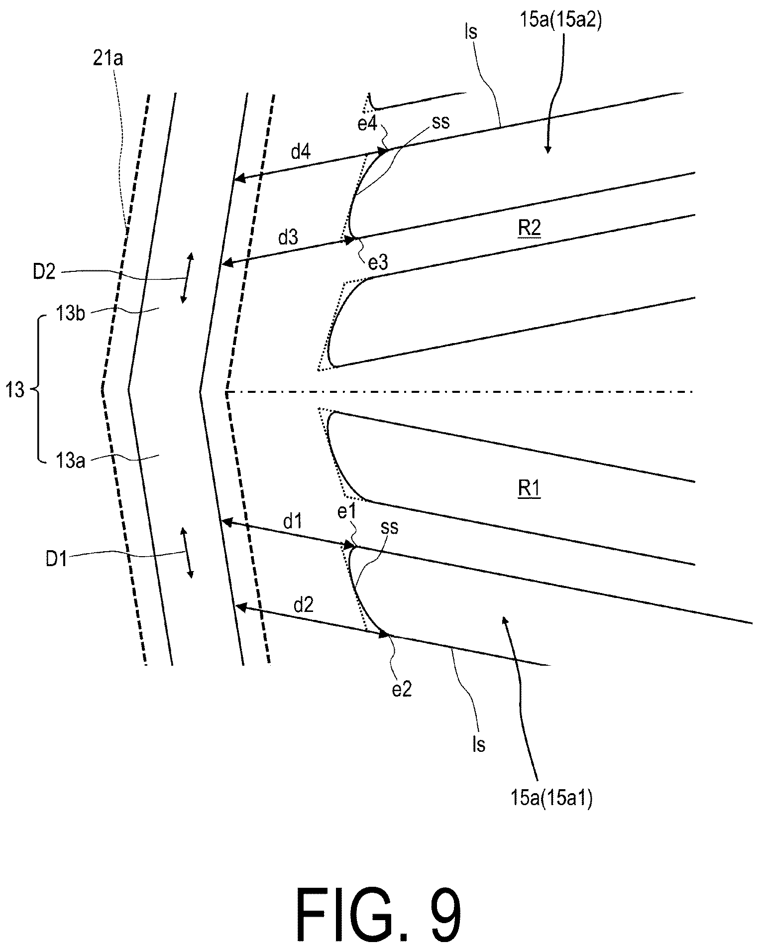 Patent US12306503 Figure 9 – Liquid crystal display device comprising electrodes each having a plurality of slits that form an acute angle with a short side of the electrodes