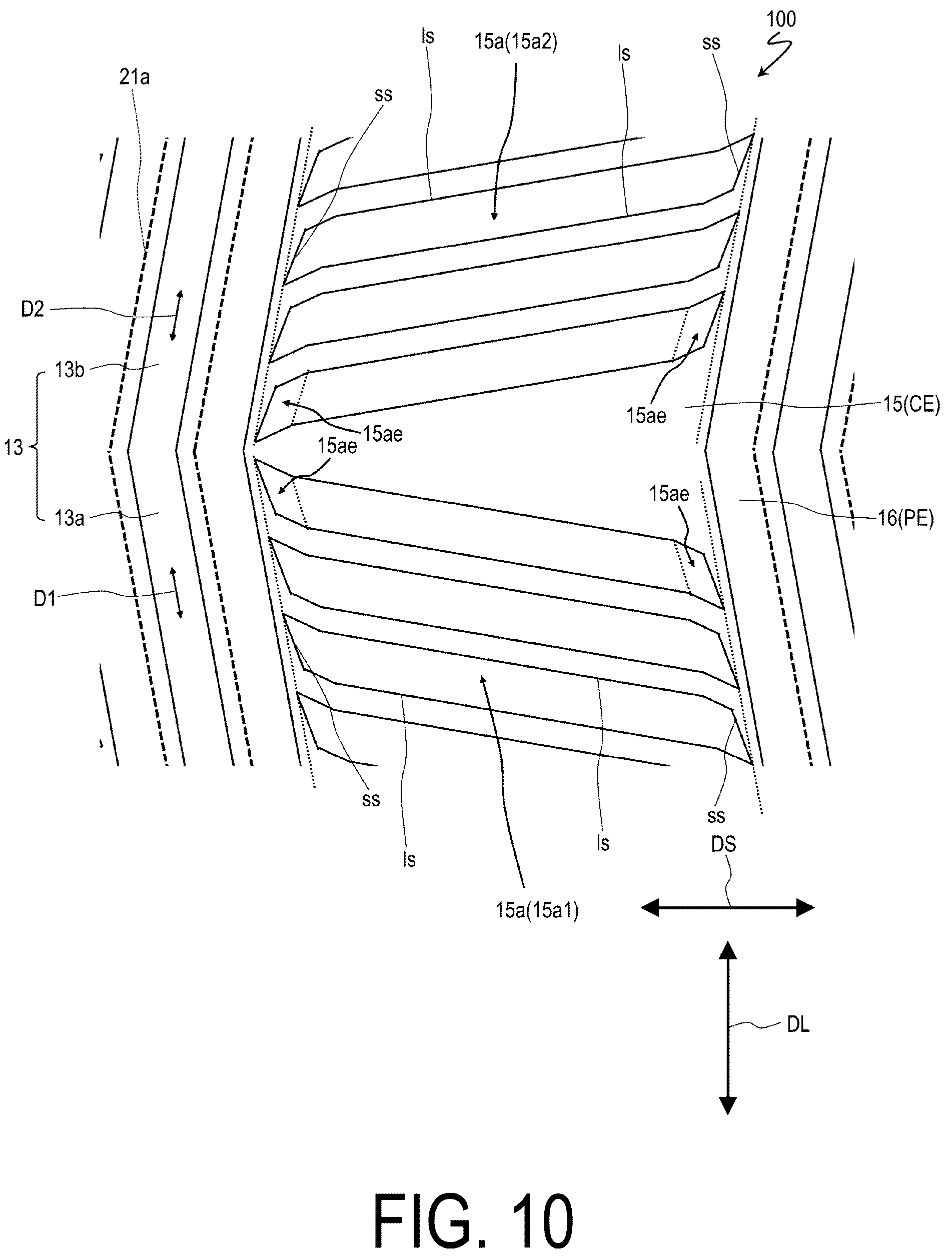 Patent US12306503 Figure 10 – Liquid crystal display device comprising electrodes each having a plurality of slits that form an acute angle with a short side of the electrodes