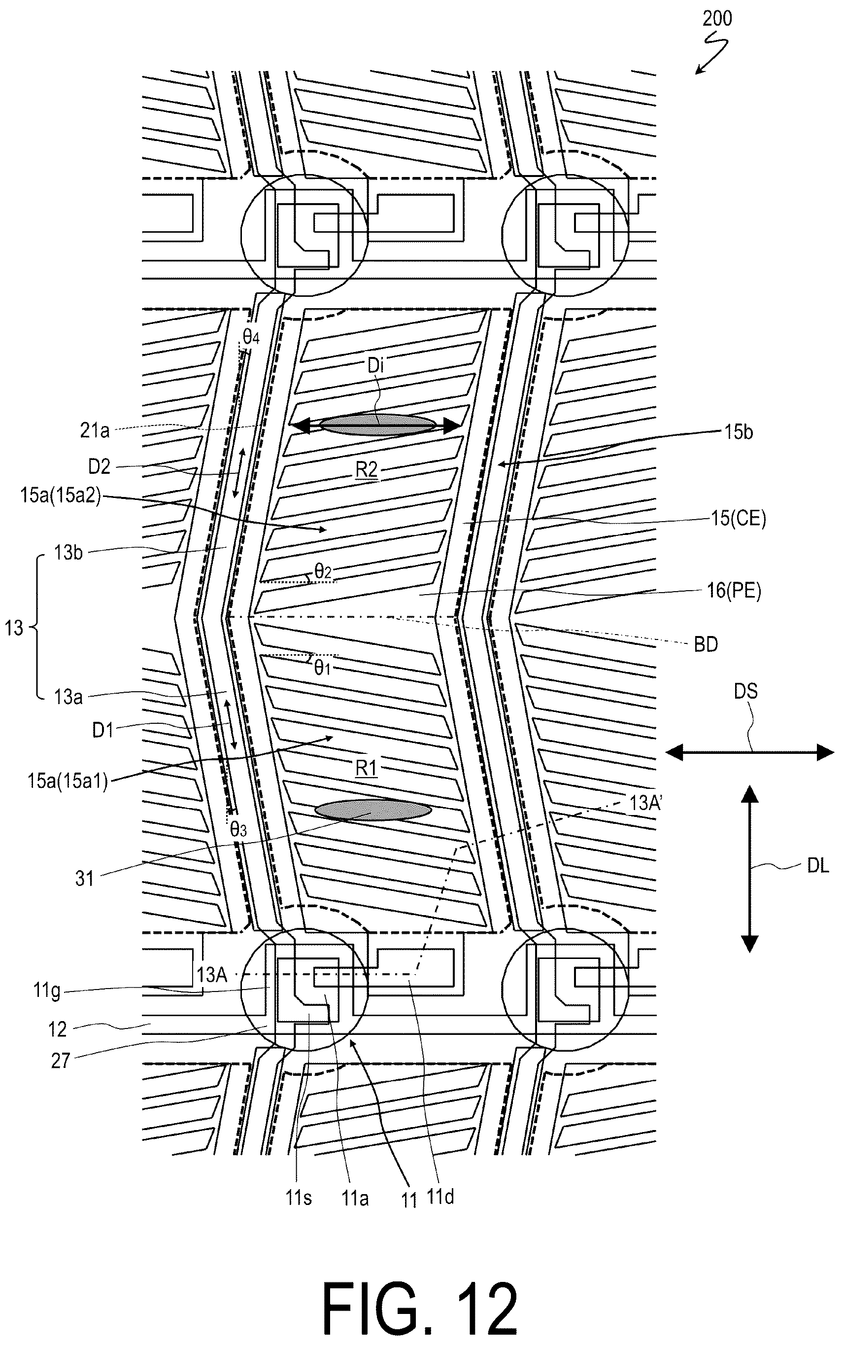 Patent US12306503 Figure 19 – Liquid crystal display device comprising electrodes each having a plurality of slits that form an acute angle with a short side of the electrodes